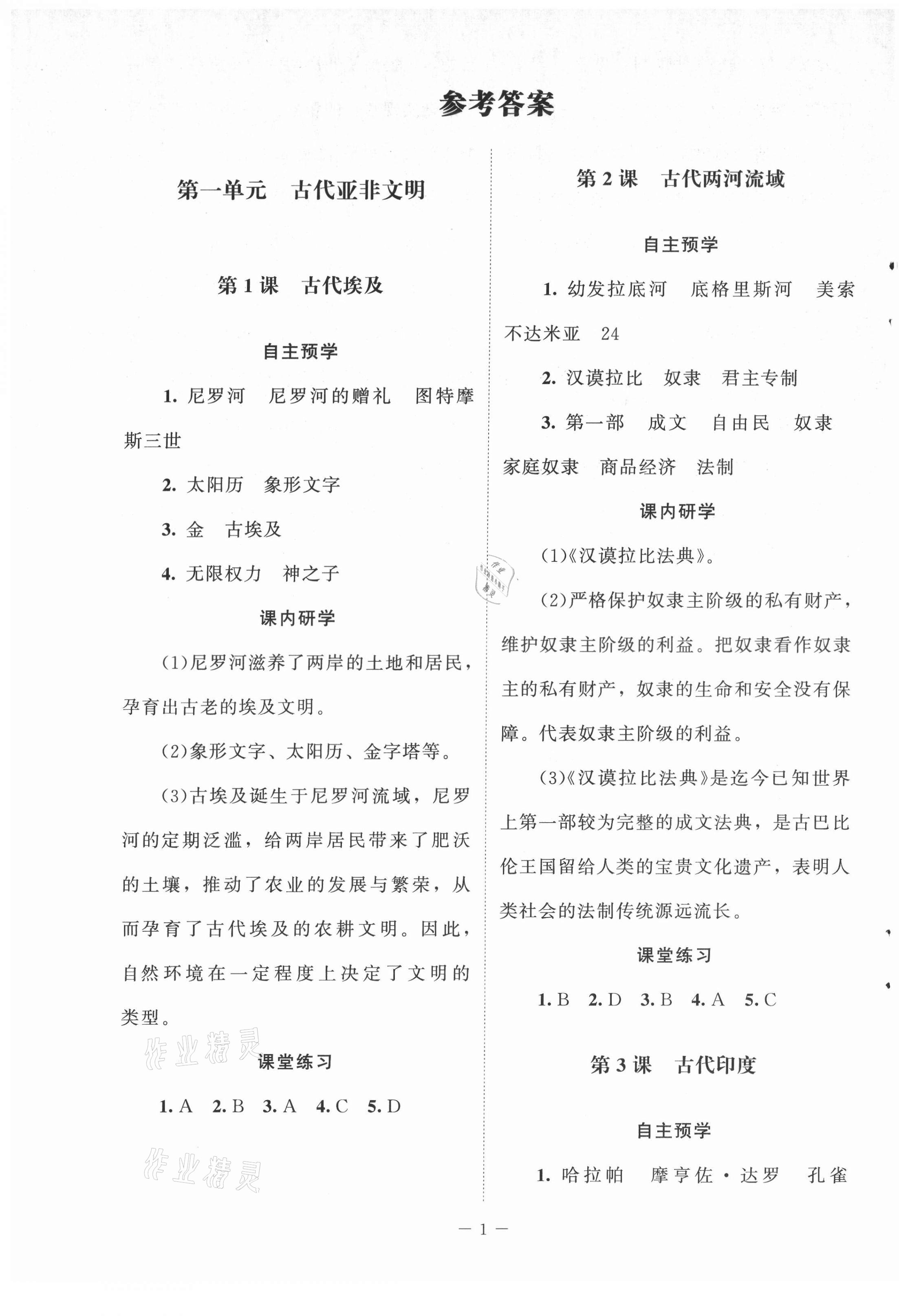 2021年课堂精练九年级历史上册人教版江苏专版 第1页