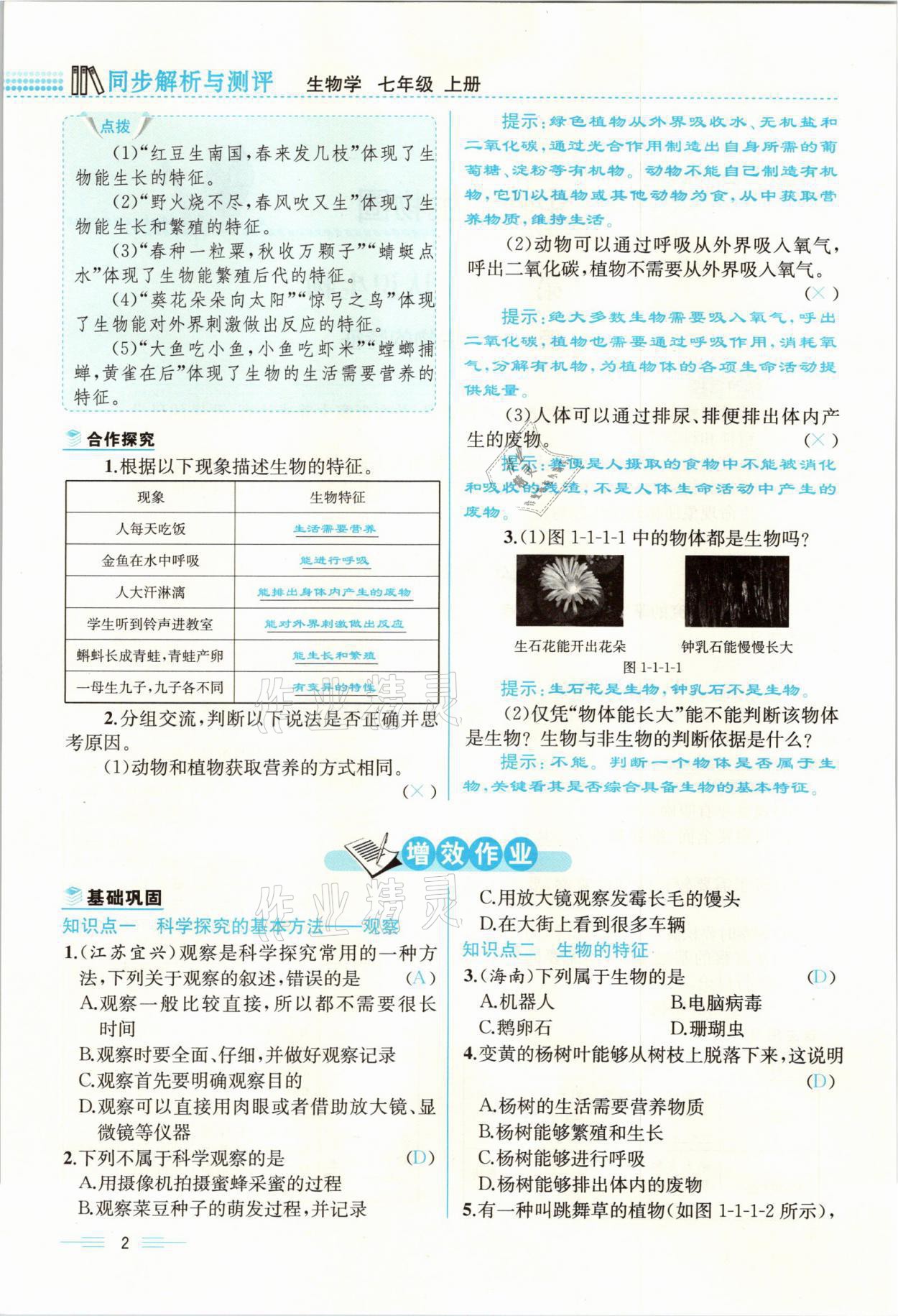 2021年人教金学典同步解析与测评七年级生物上册人教版云南专版 参考答案第2页