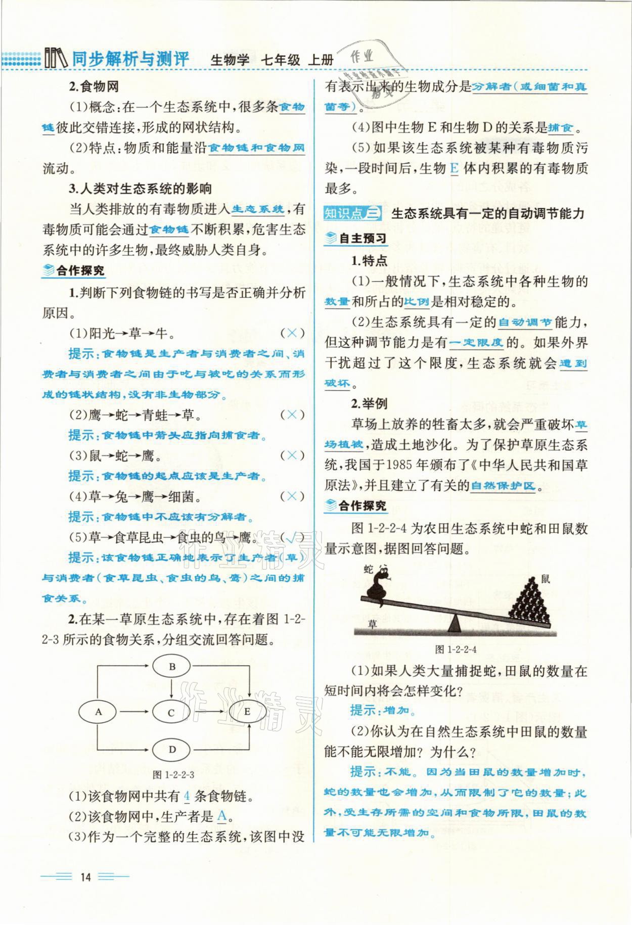 2021年人教金学典同步解析与测评七年级生物上册人教版云南专版 参考答案第14页