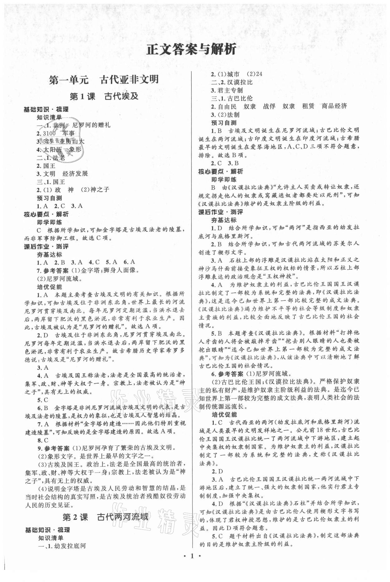 2021年人教金學典同步解析與測評學考練九年級世界歷史上冊江蘇專版 參考答案第1頁