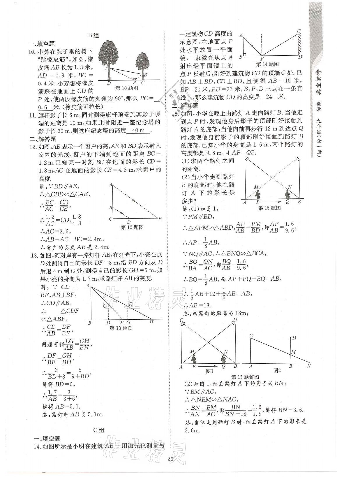 2021年金典训练九年级数学全一册北师大版 参考答案第26页