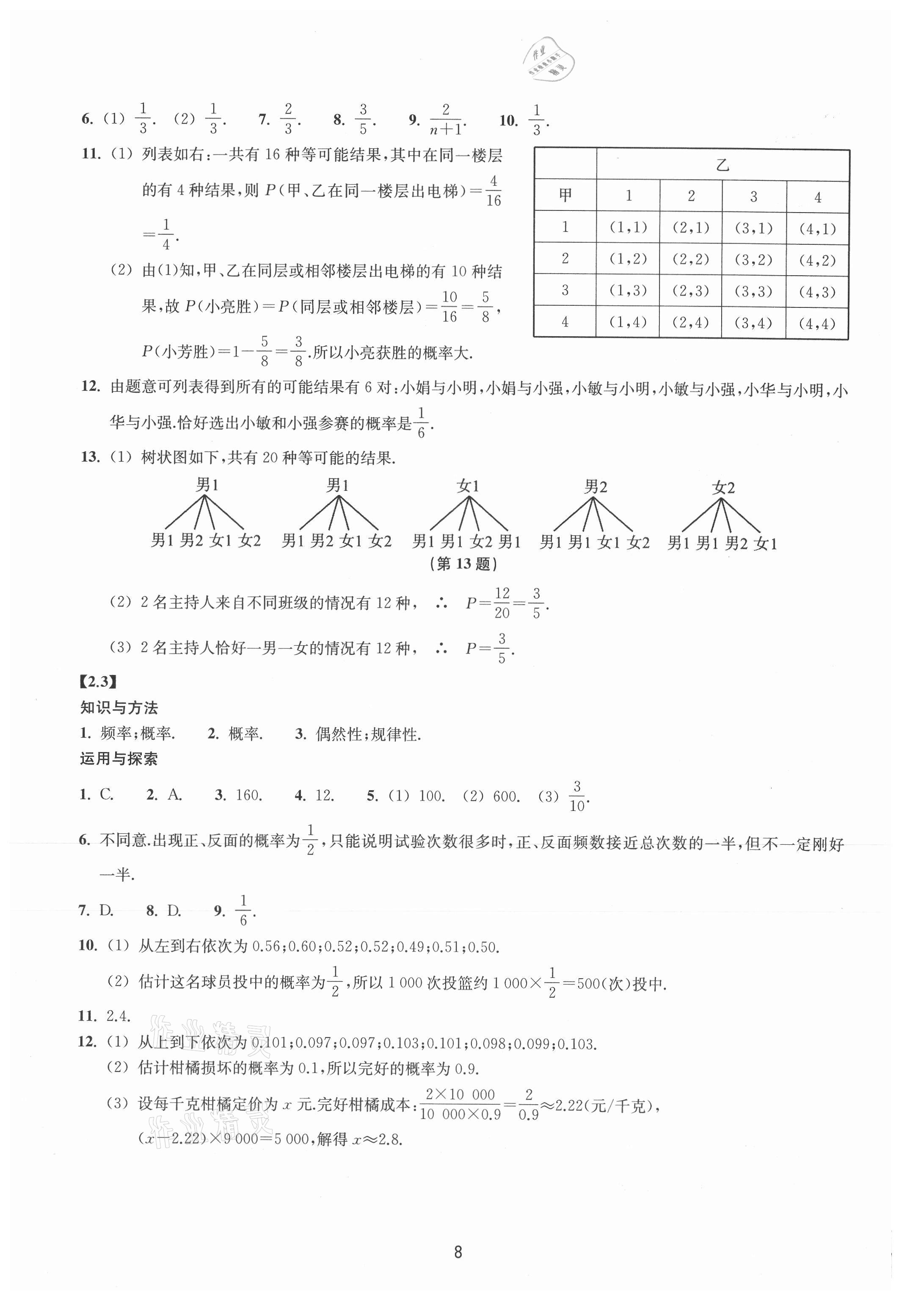 2021年同步練習(xí)浙江教育出版社九年級數(shù)學(xué)上冊浙教版提升版 參考答案第8頁