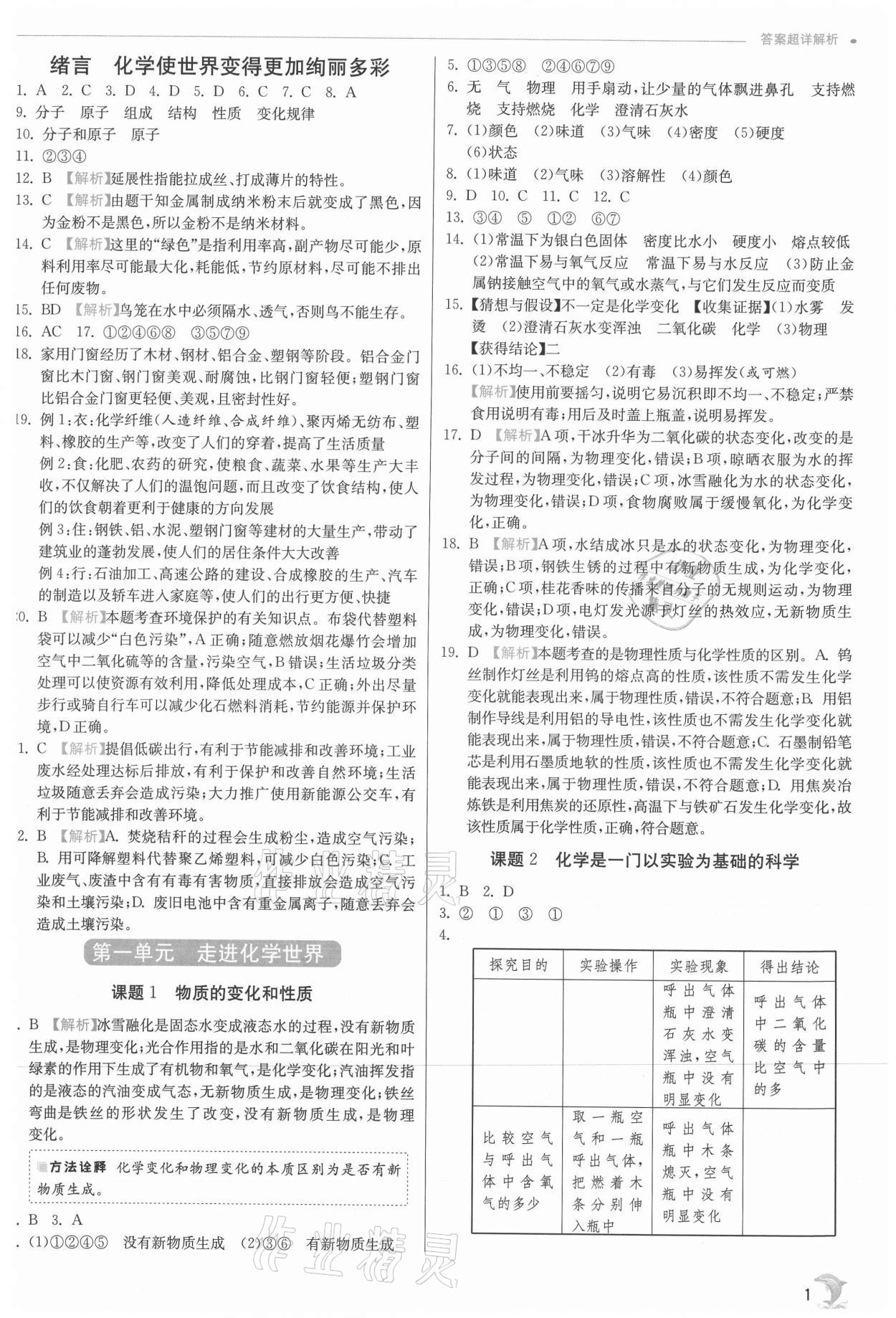 2021年实验班提优训练九年级化学上册人教版江苏专版 参考答案第1页