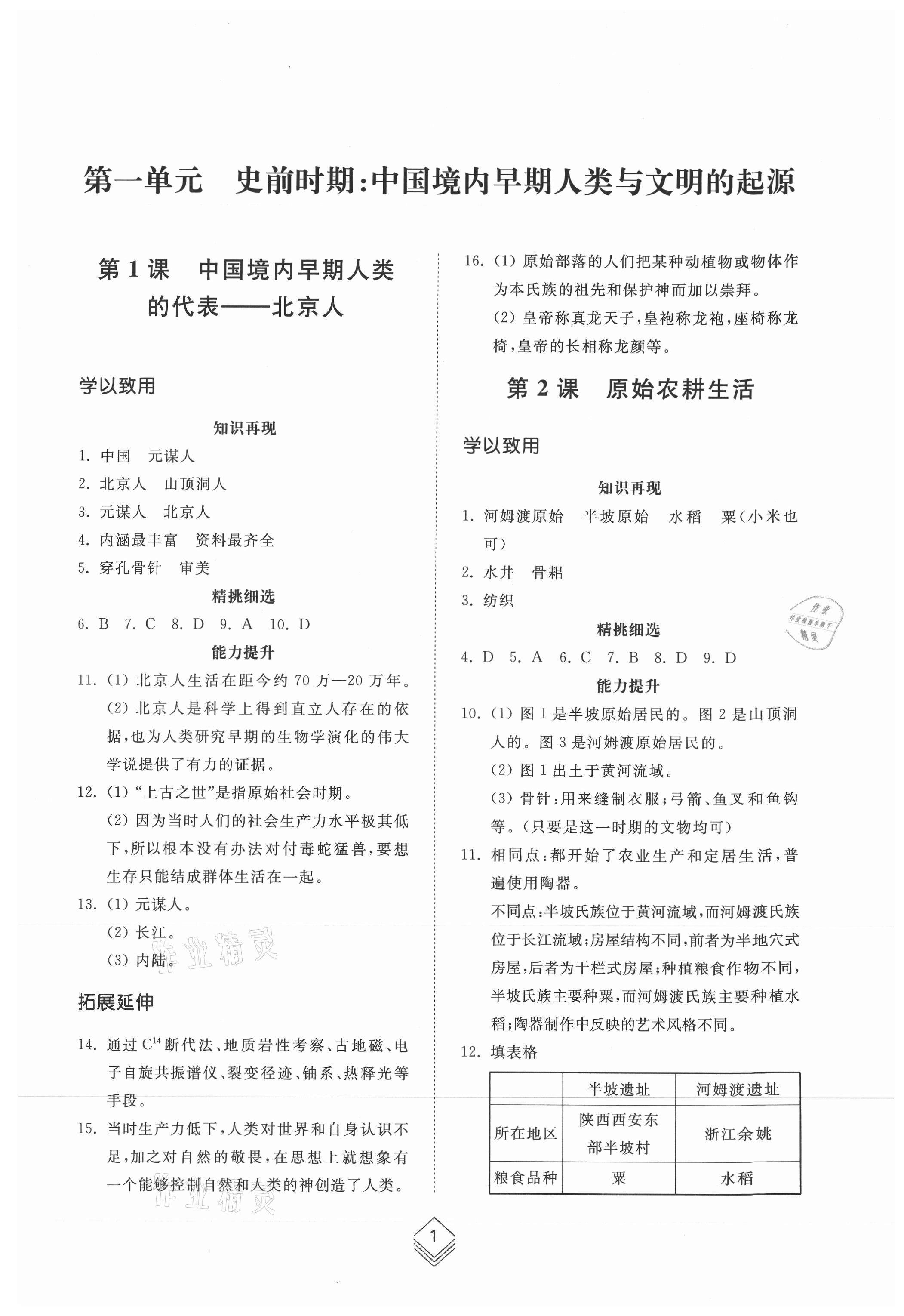 2021年综合能力训练中国历史第一册人教版54制 参考答案第1页