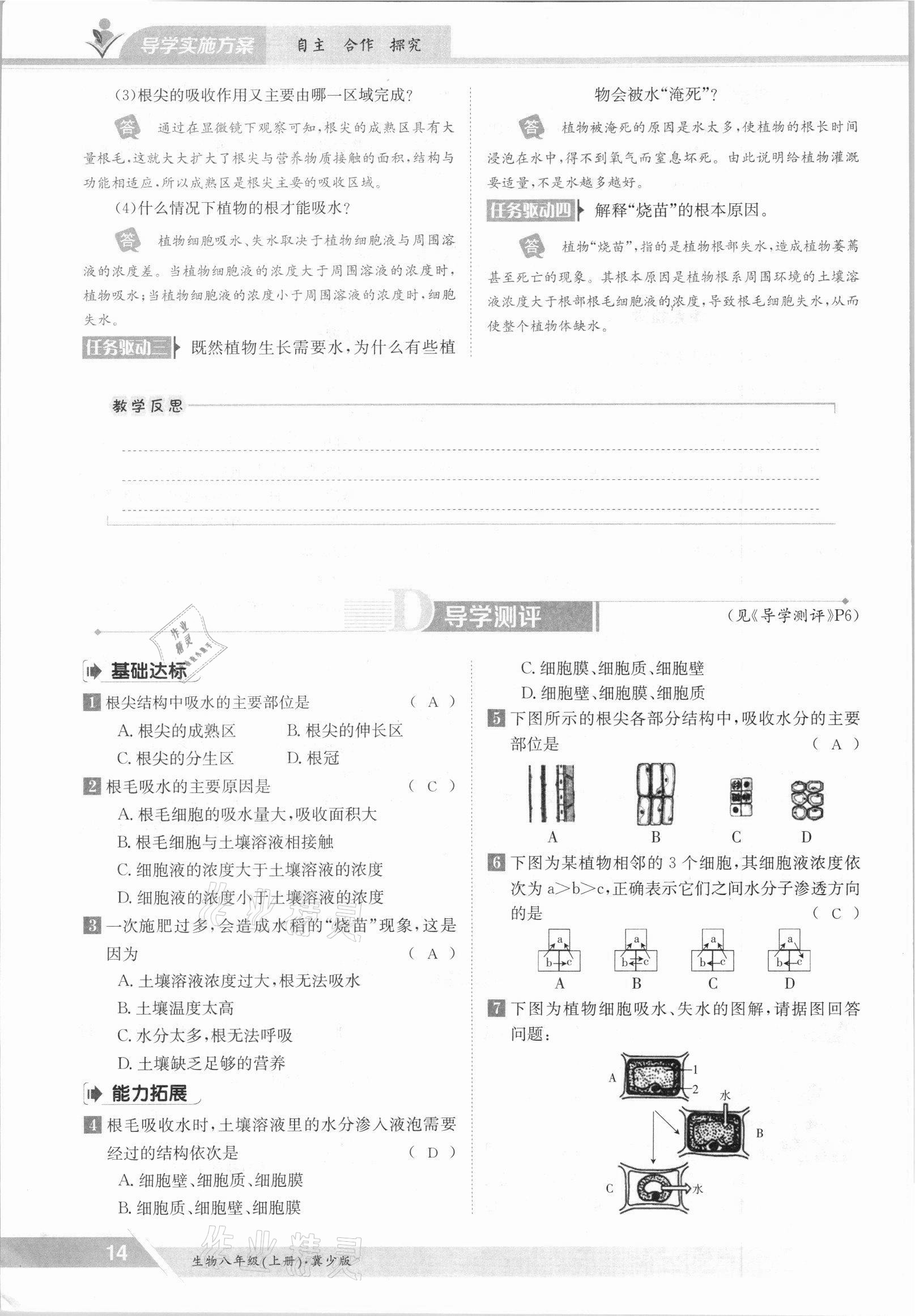 2021年金太陽導(dǎo)學(xué)測評八年級生物上冊冀少版 參考答案第14頁