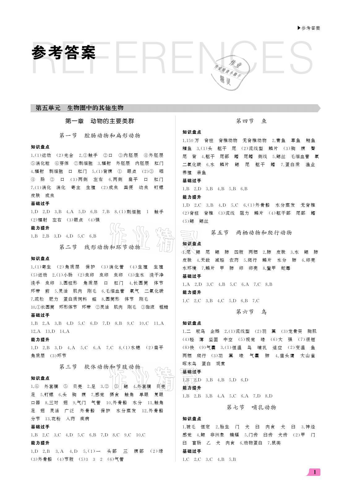 2021年超越訓練八年級生物全一冊人教版 參考答案第1頁