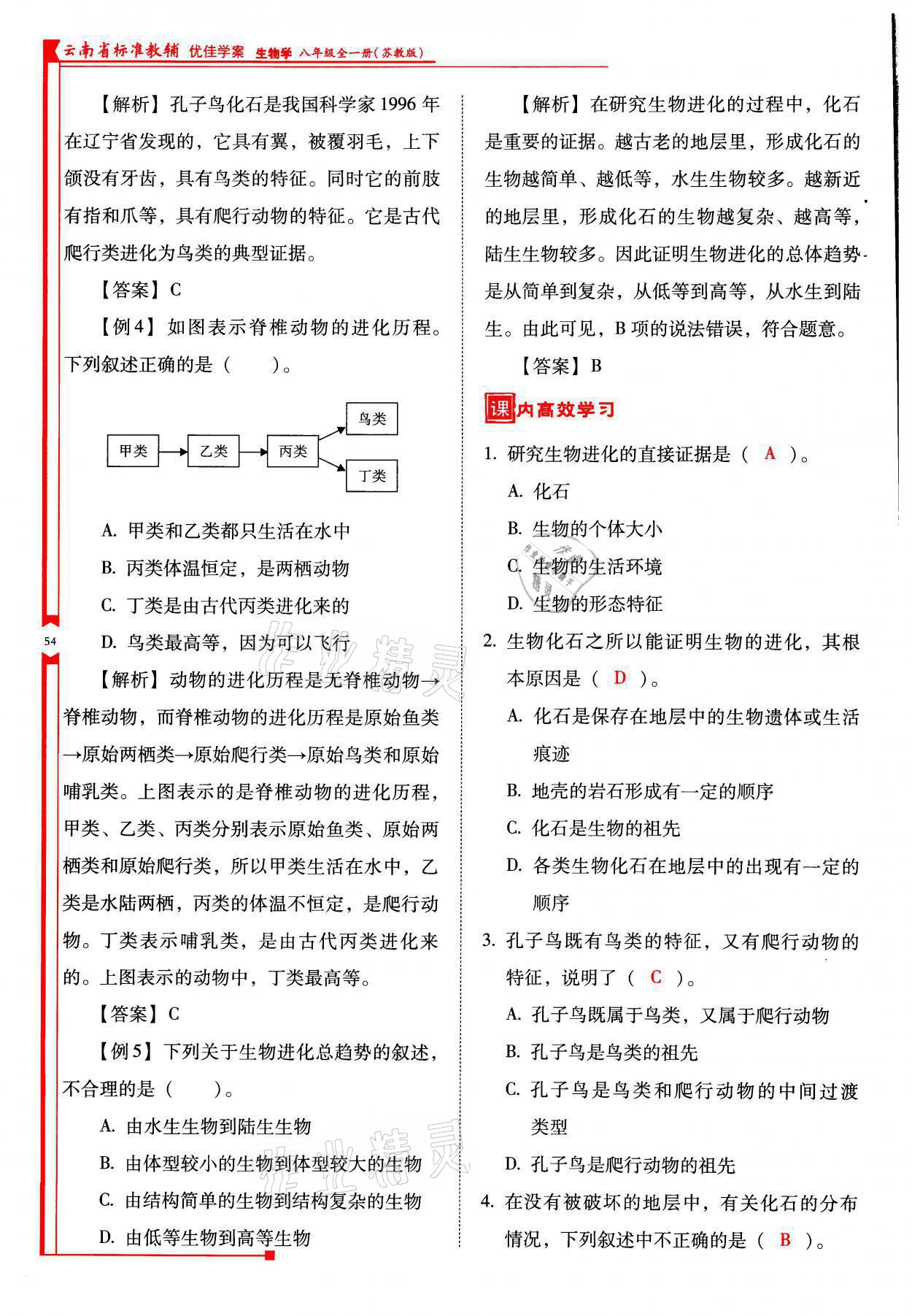 2021年云南省標(biāo)準(zhǔn)教輔優(yōu)佳學(xué)案八年級生物全一冊蘇教版 參考答案第54頁