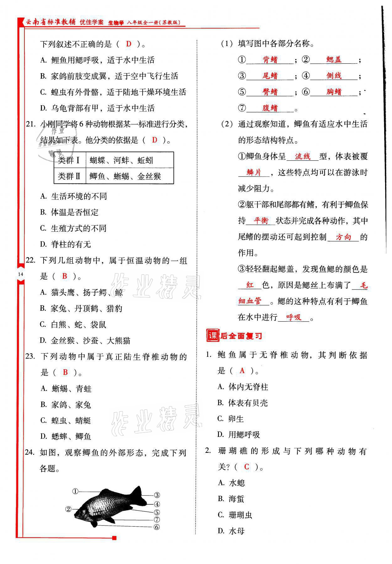 2021年云南省标准教辅优佳学案八年级生物全一册苏教版 参考答案第14页