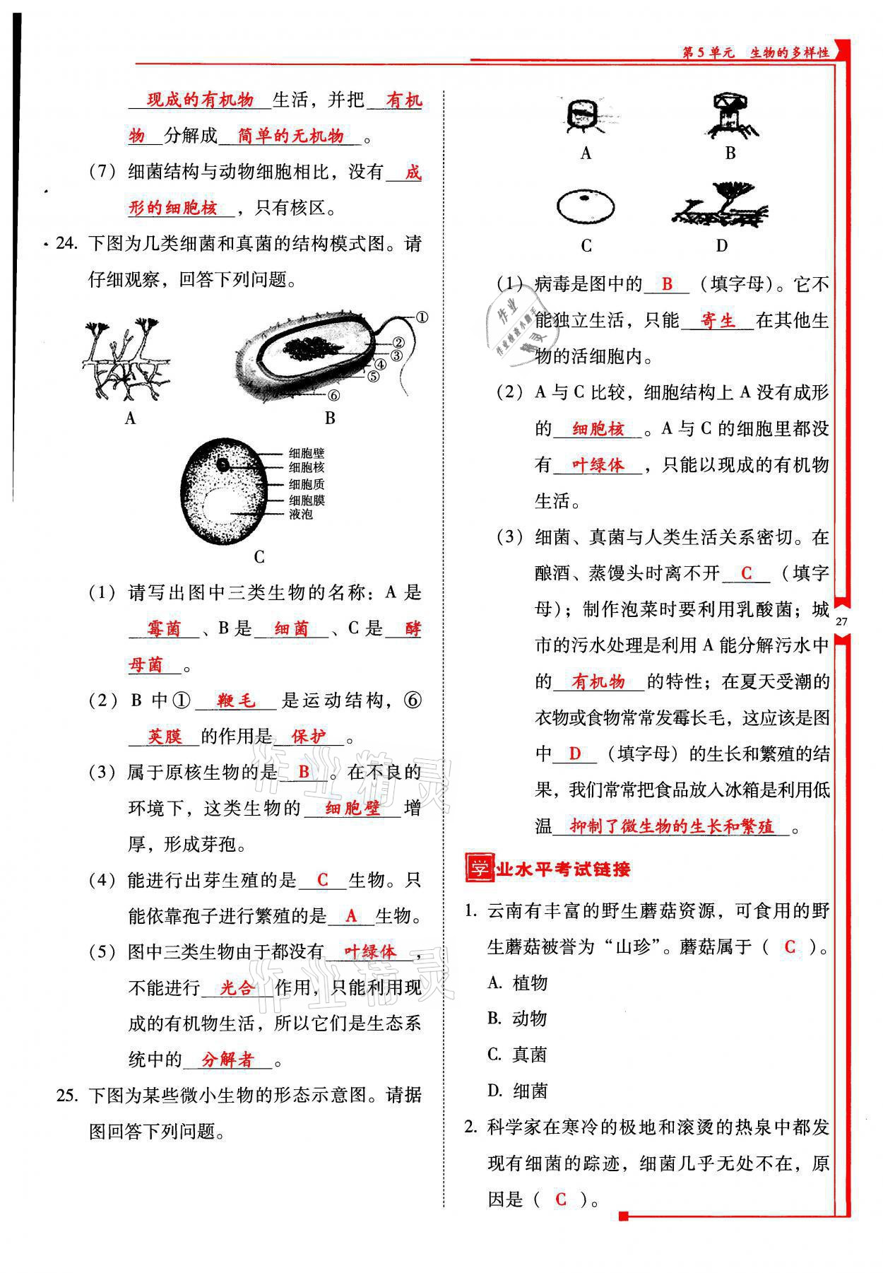 2021年云南省标准教辅优佳学案八年级生物全一册苏教版 参考答案第27页