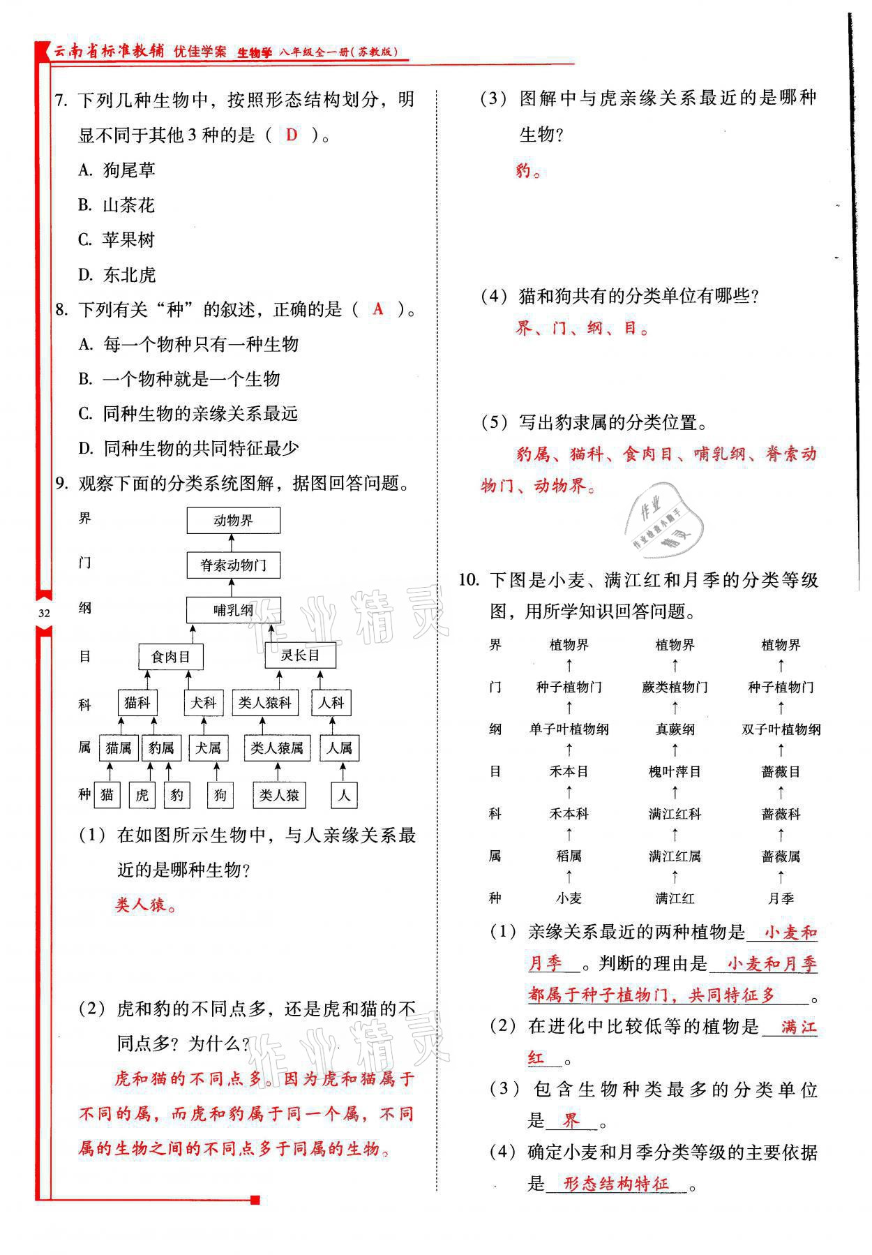 2021年云南省标准教辅优佳学案八年级生物全一册苏教版 参考答案第32页