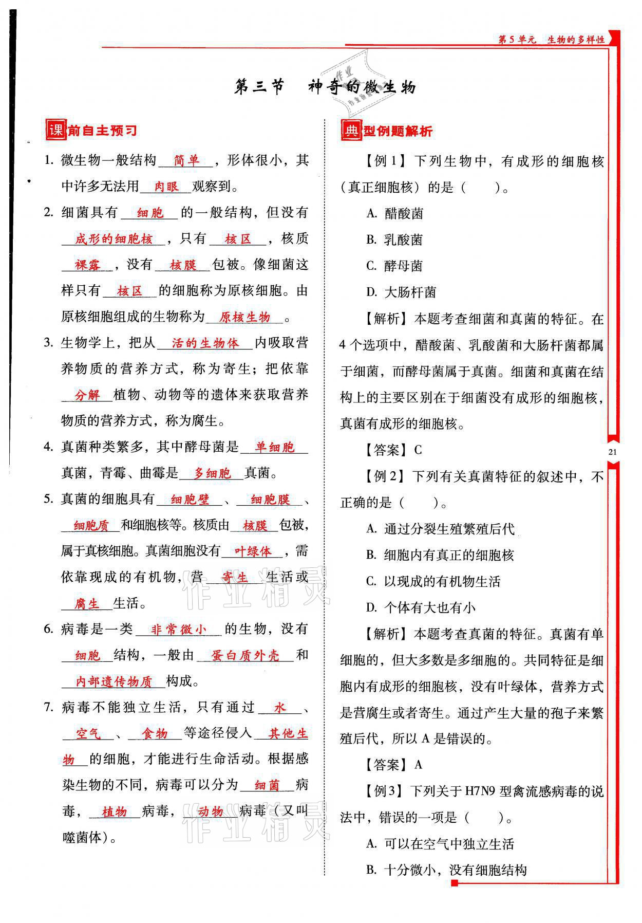 2021年云南省标准教辅优佳学案八年级生物全一册苏教版 参考答案第21页