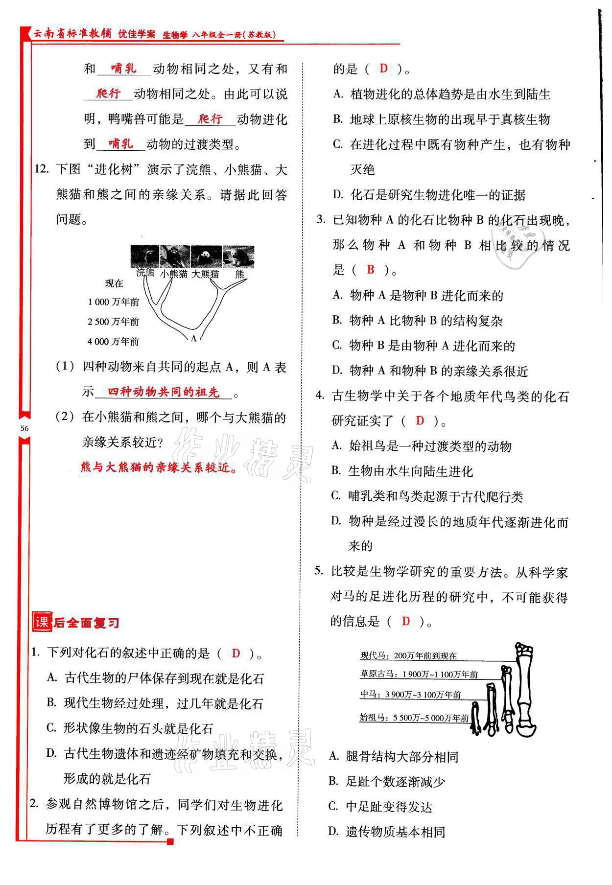 2021年云南省标准教辅优佳学案八年级生物全一册苏教版 参考答案第56页