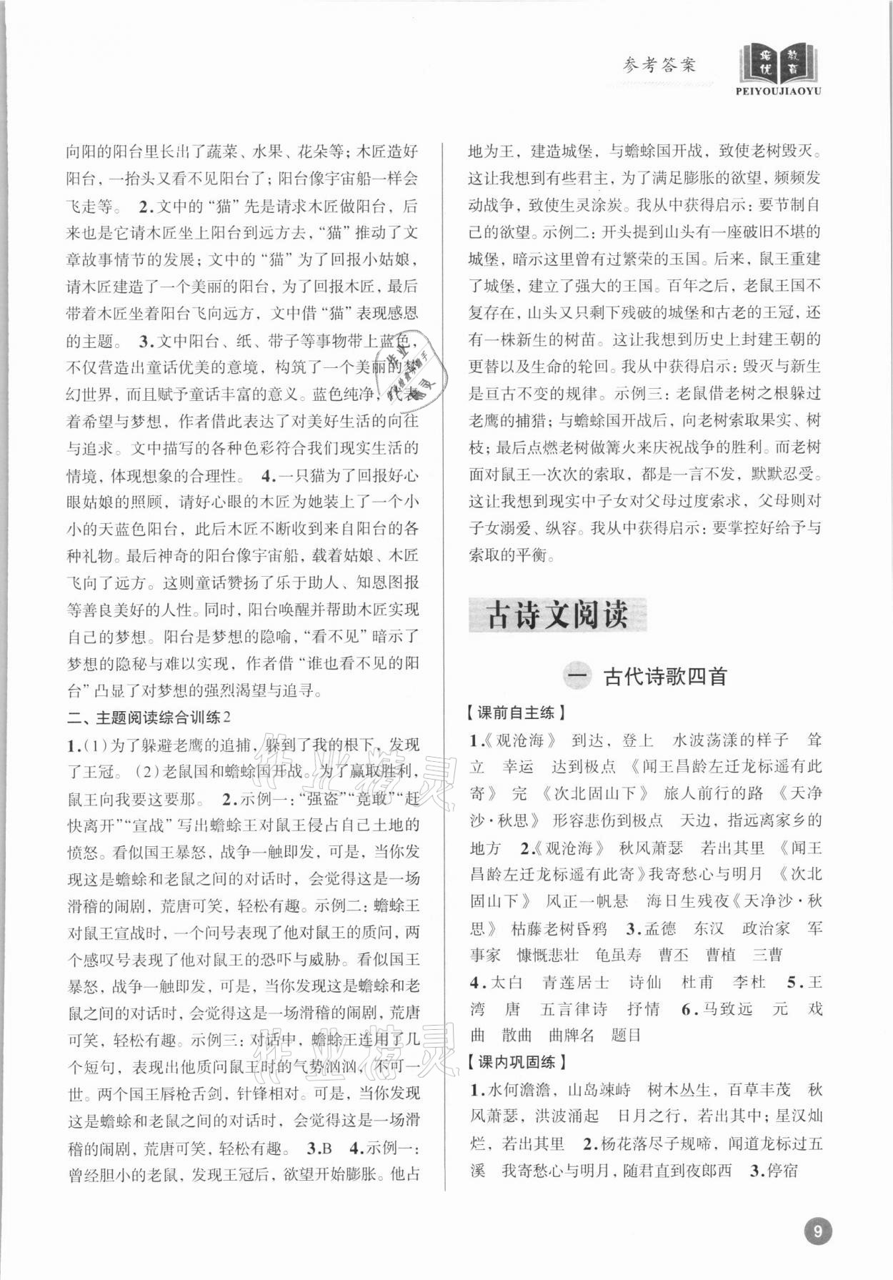 2021年初中语文大阅读高效训练七年级上册人教版浙江专版 参考答案第8页