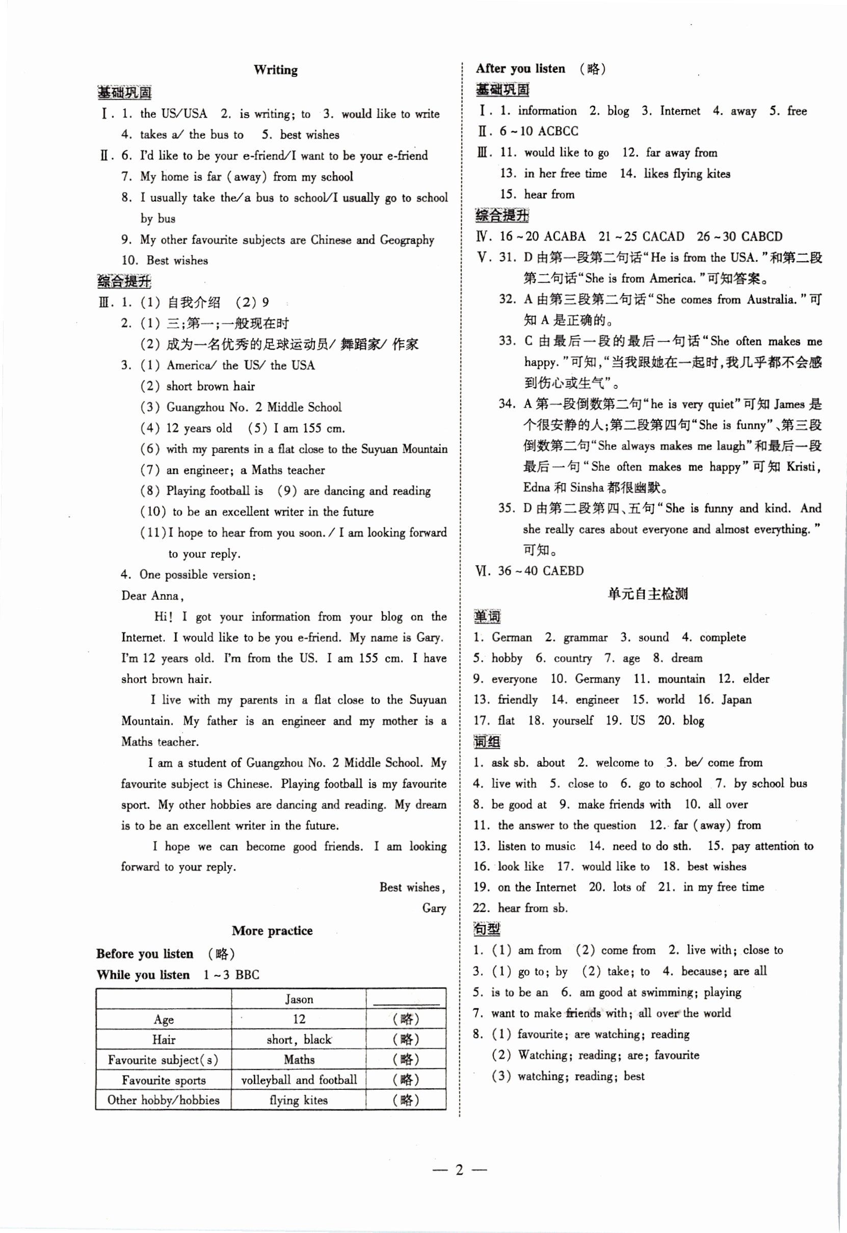 2021年领跑作业本七年级英语上册人教版广州专版 参考答案第2页