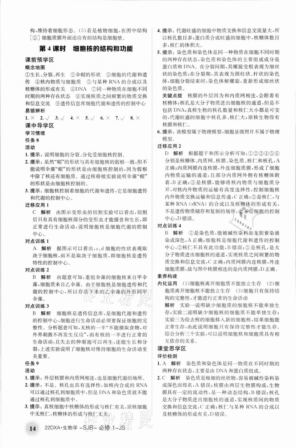 2021年金太阳导学案生物必修1苏教版 参考答案第14页