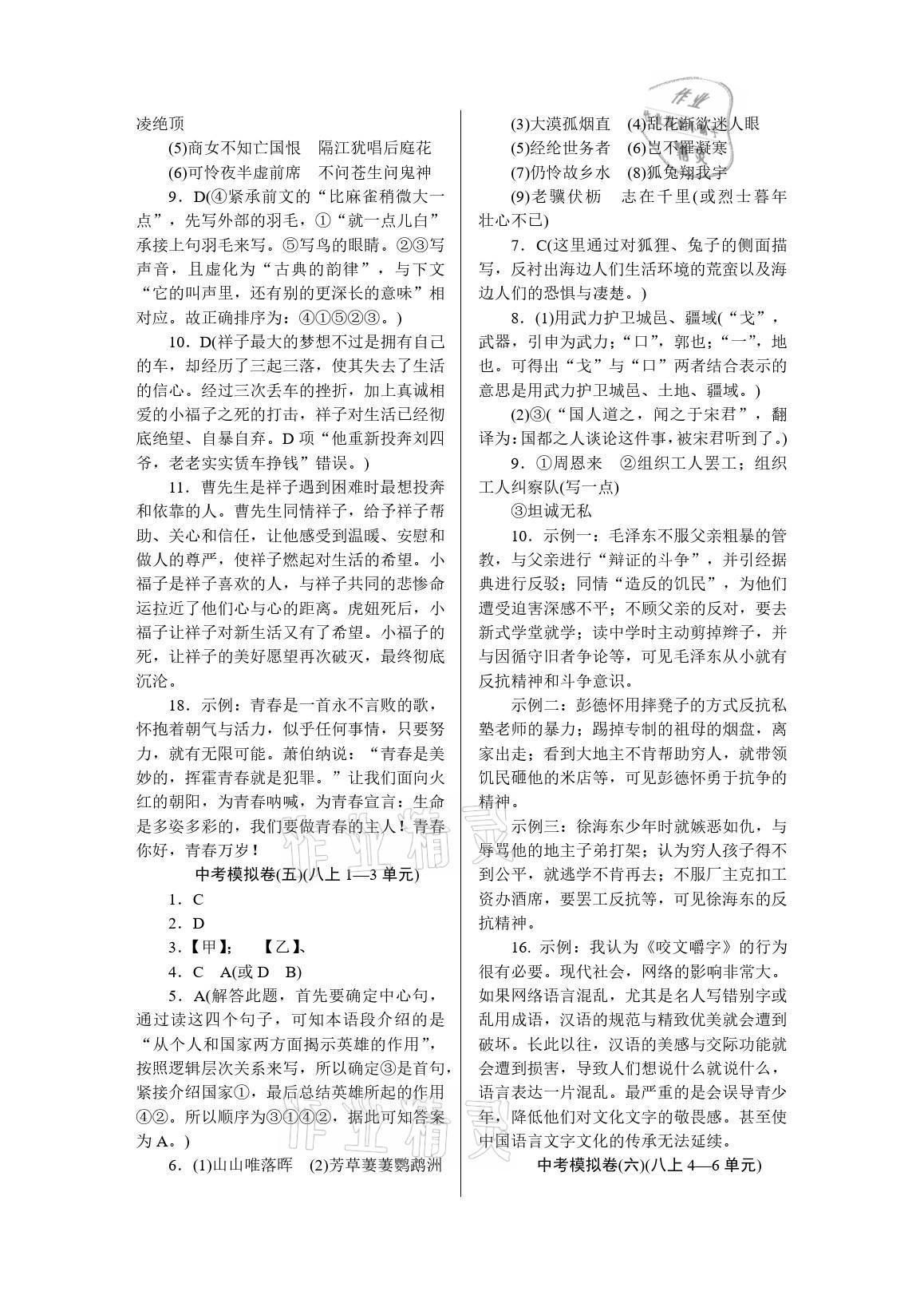 2022年高分计划周周练九年级杭州专版 参考答案第3页