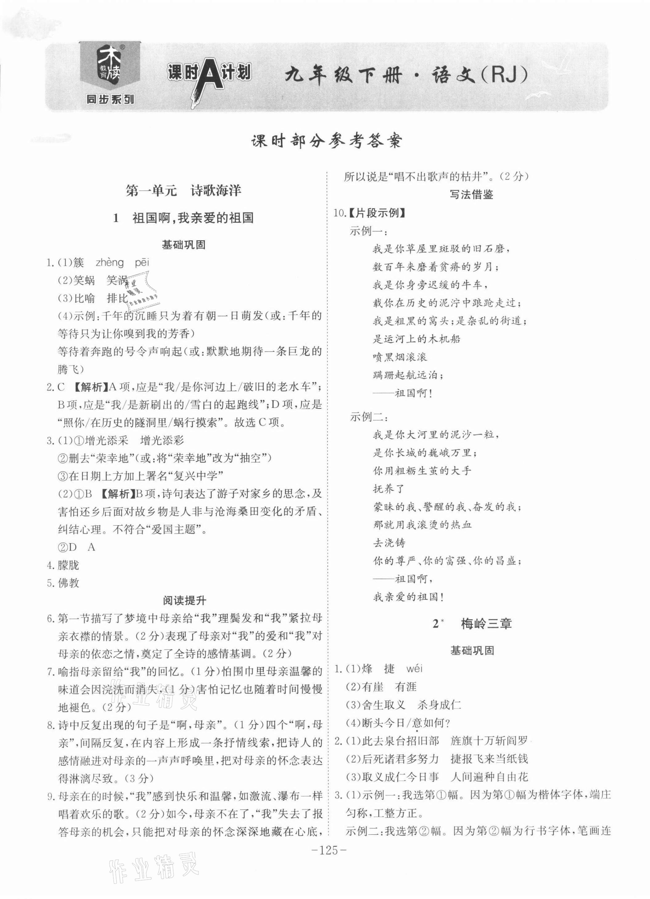 2022年课时A计划九年级语文下册人教版 参考答案第1页