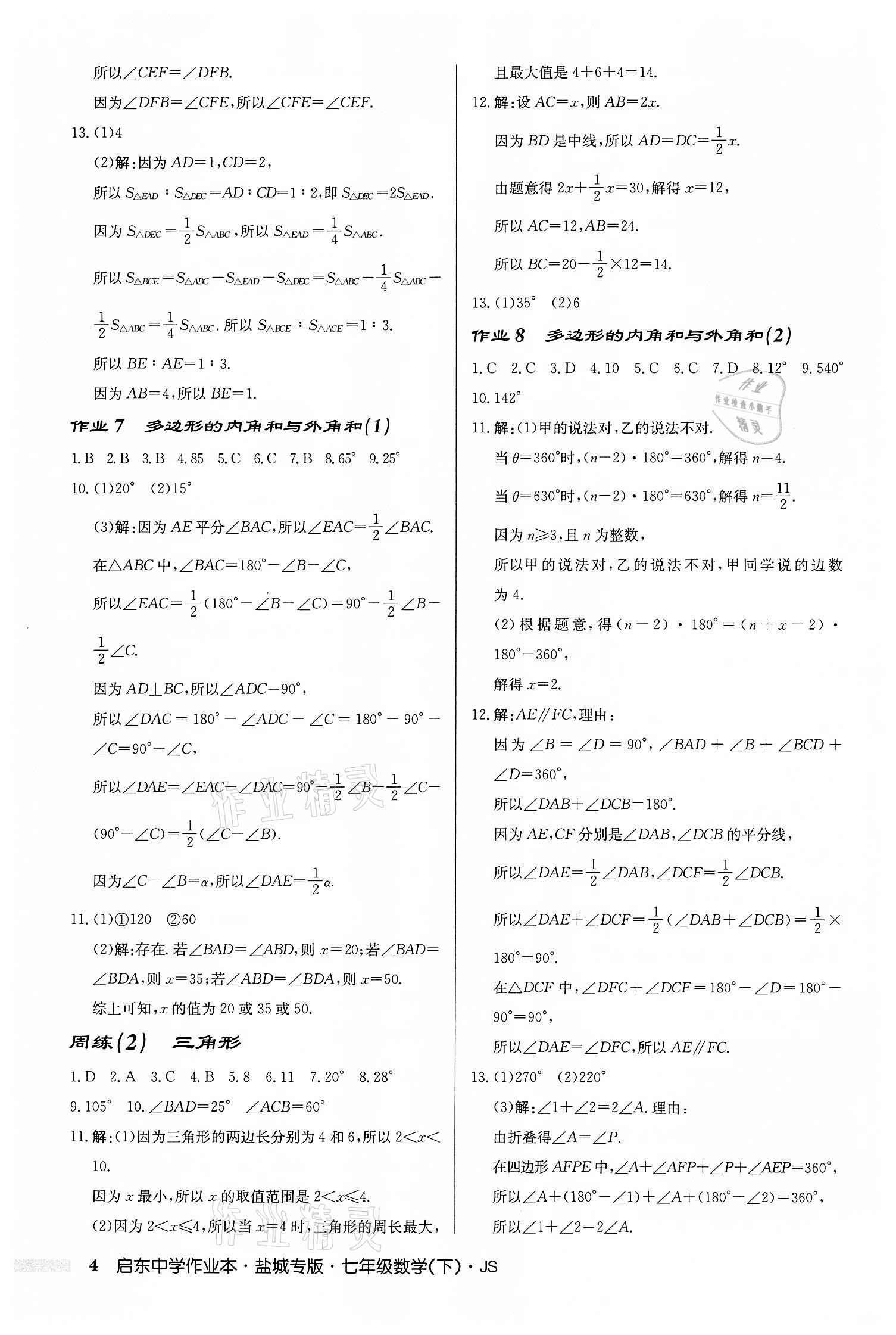 2022年启东中学作业本七年级数学下册苏科版盐城专版 第4页