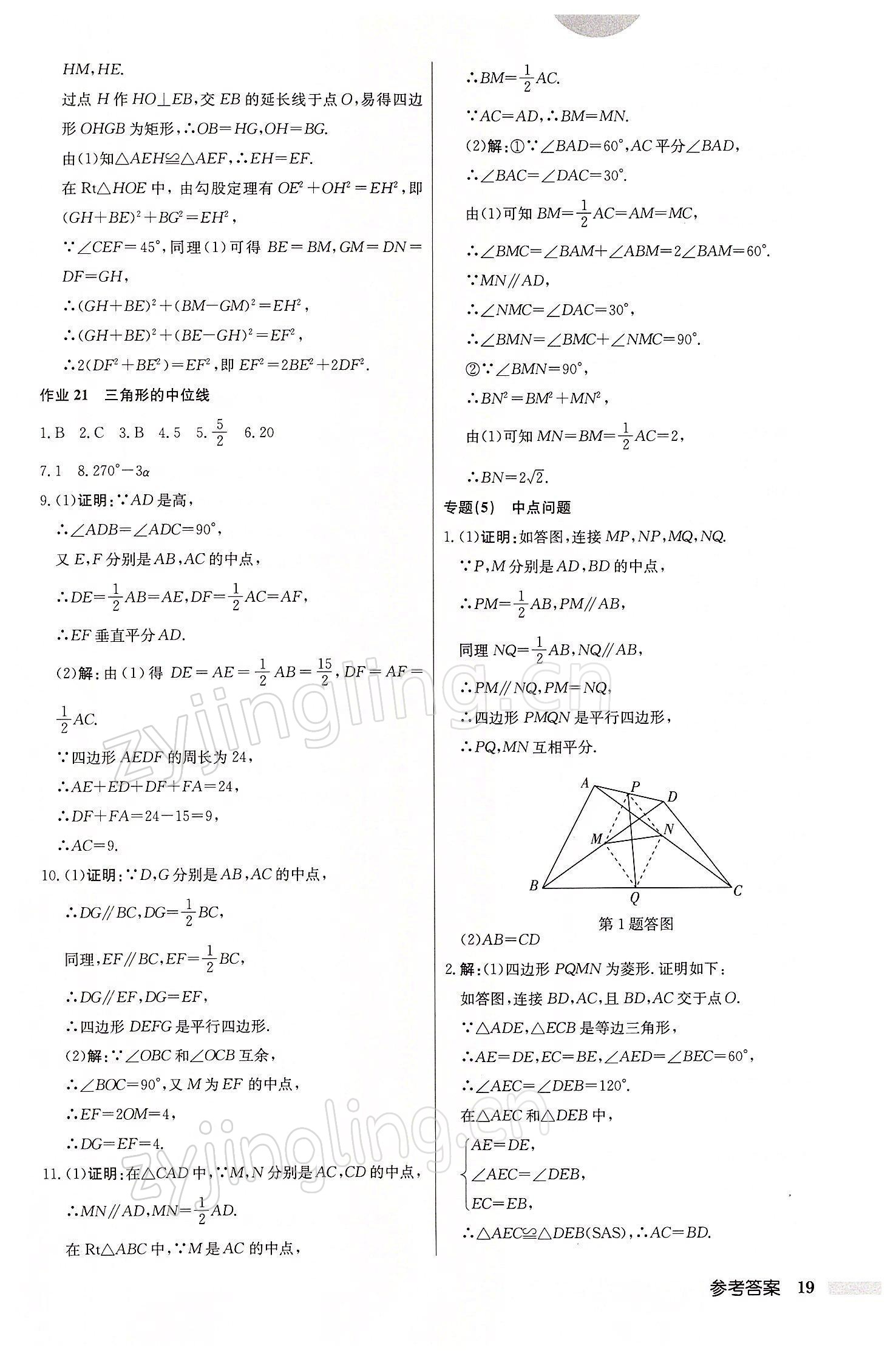 2022年启东中学作业本八年级数学下册江苏版 参考答案第19页