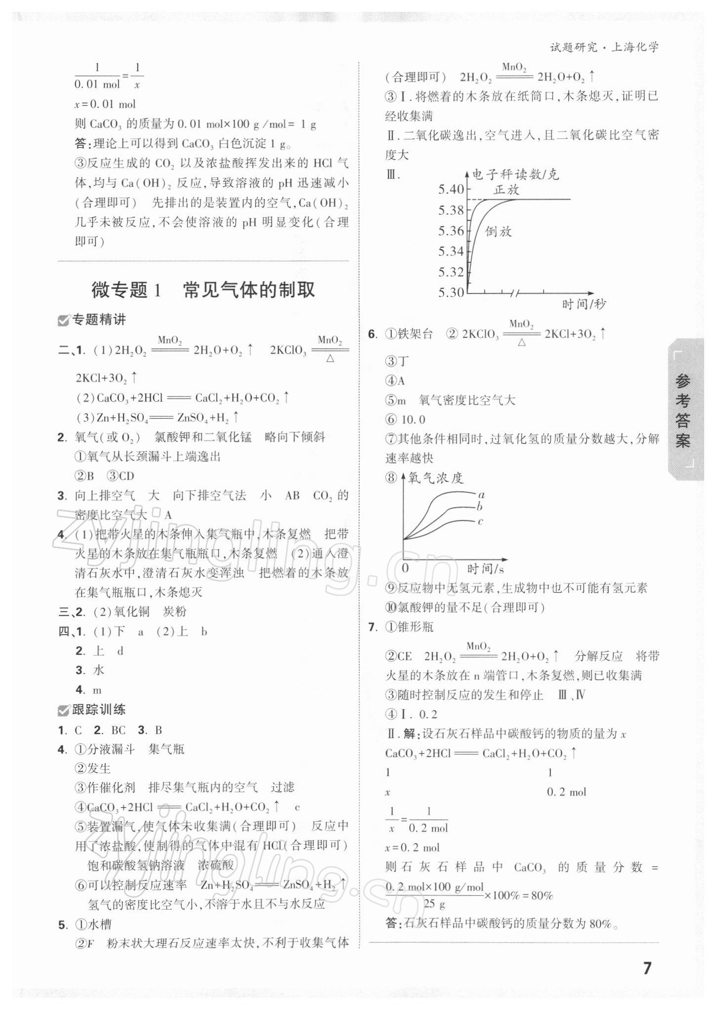 2022年万唯中考试题研究化学上海专版 参考答案第6页