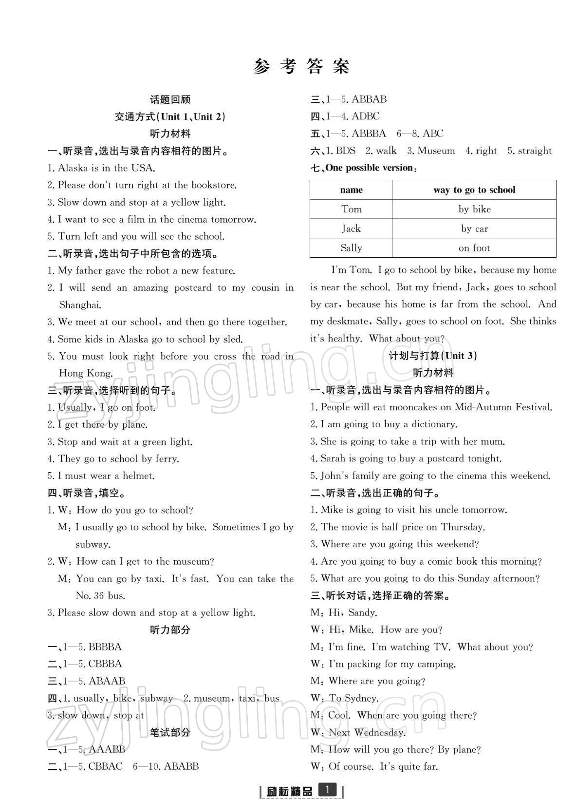 2021年浙江新期末六年級英語上冊人教版寧波專版 參考答案第1頁