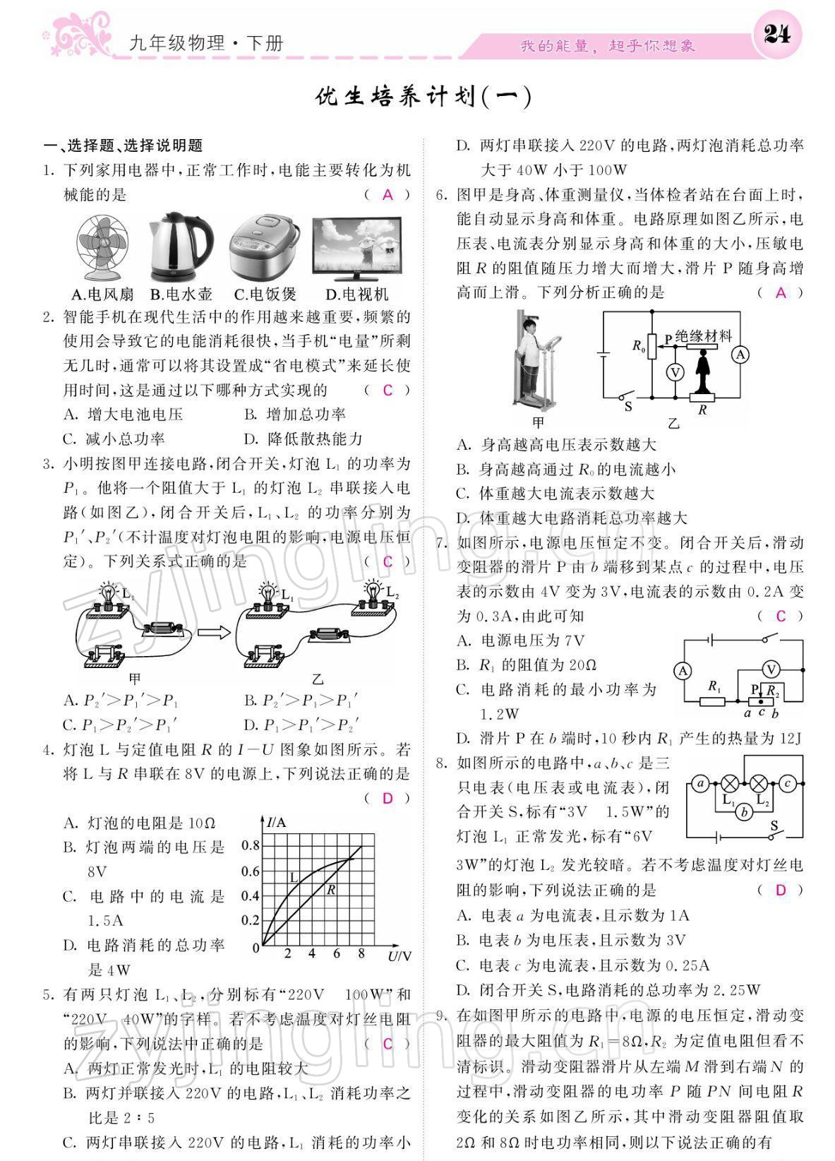 2022年课堂点睛九年级物理下册人教版宁夏专版 参考答案第24页