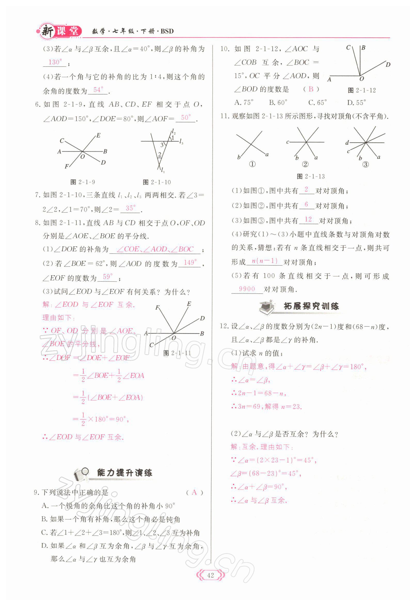 2022年啟航新課堂七年級(jí)數(shù)學(xué)下冊(cè)北師大版 參考答案第42頁(yè)