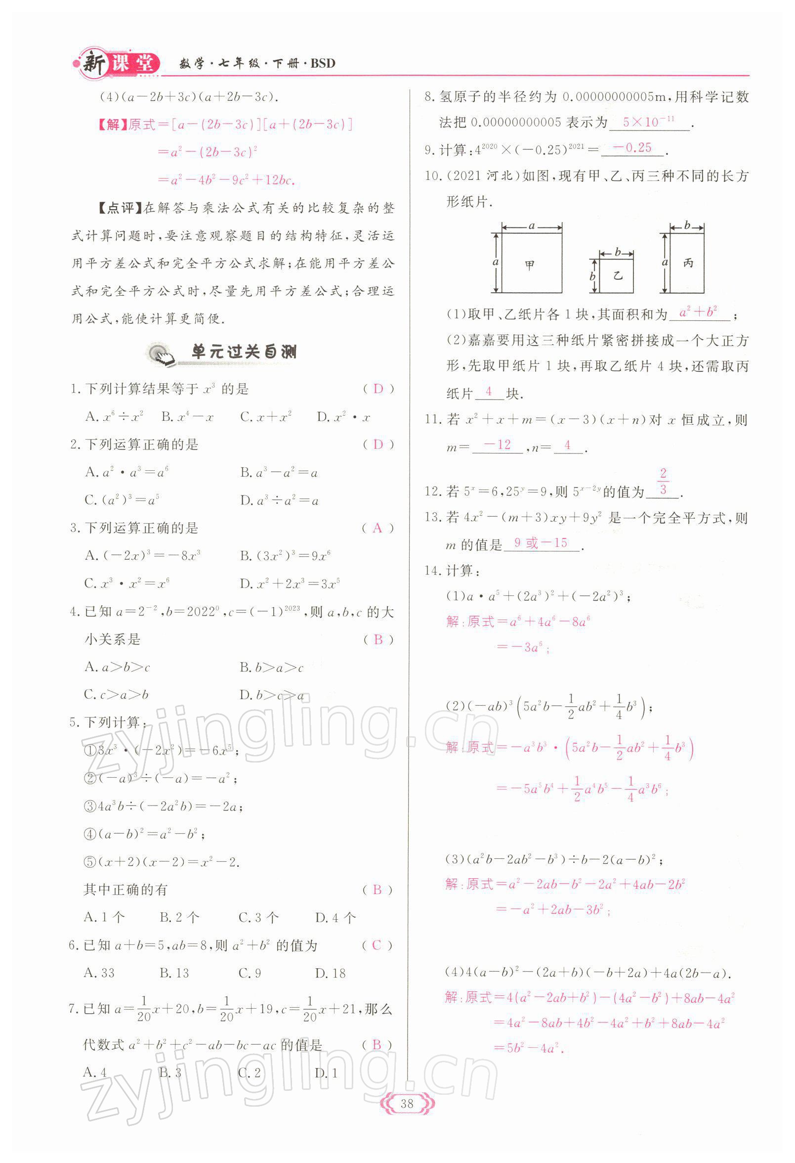 2022年启航新课堂七年级数学下册北师大版 参考答案第38页