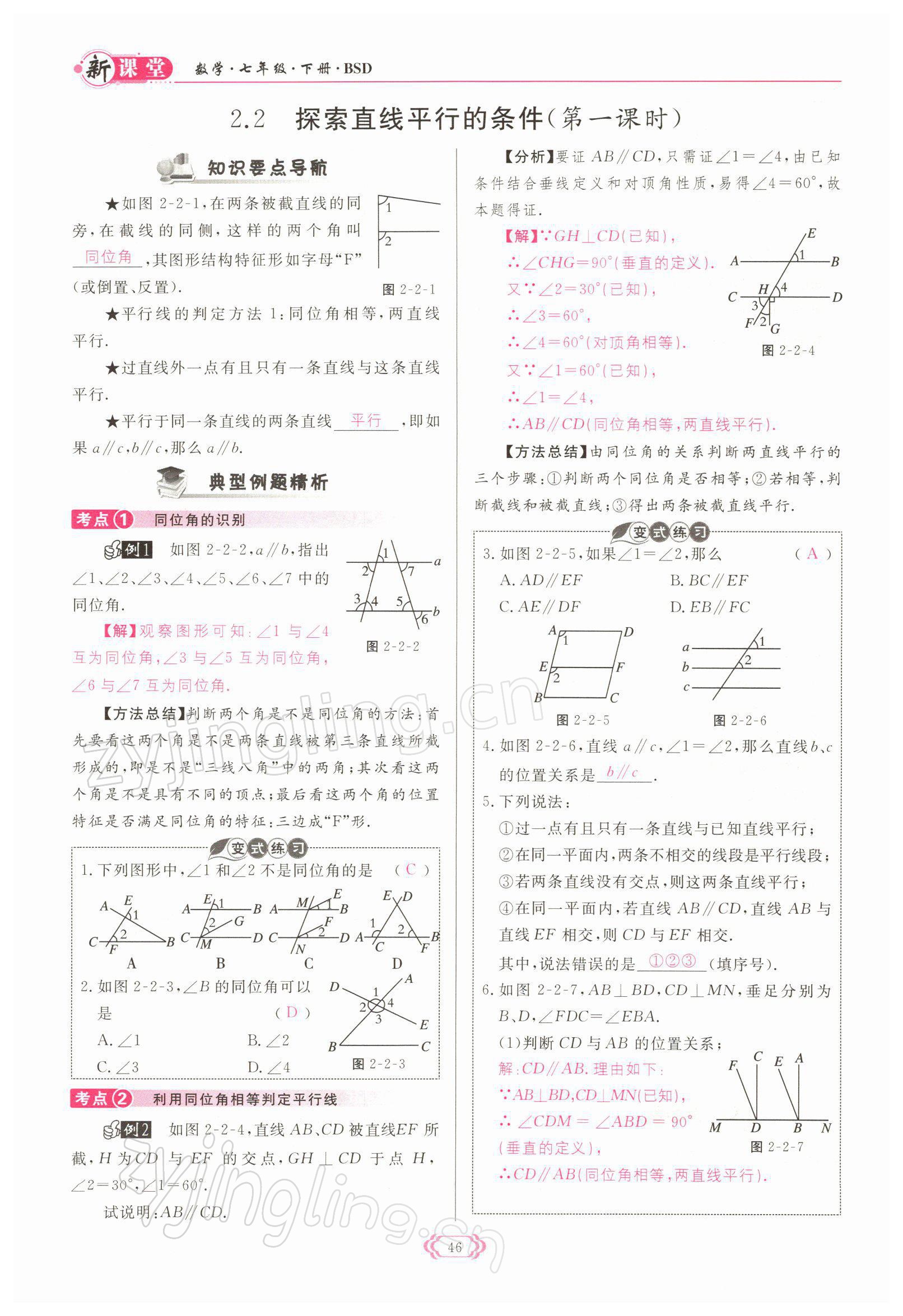 2022年启航新课堂七年级数学下册北师大版 参考答案第46页