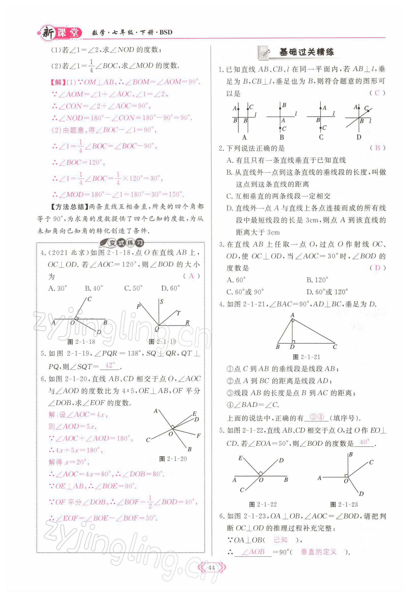 2022年启航新课堂七年级数学下册北师大版 参考答案第44页