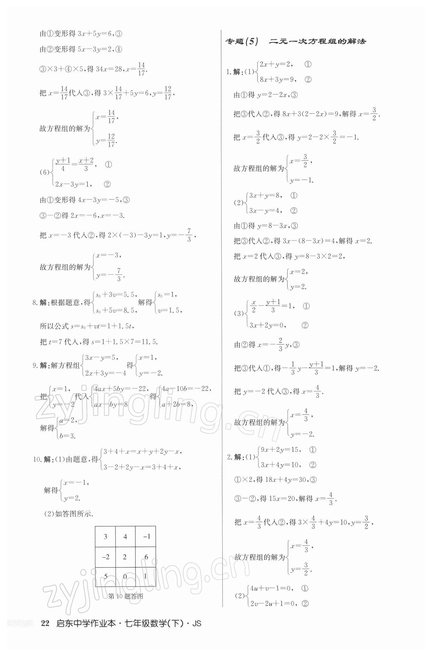2022年启东中学作业本七年级数学下册江苏版 参考答案第22页
