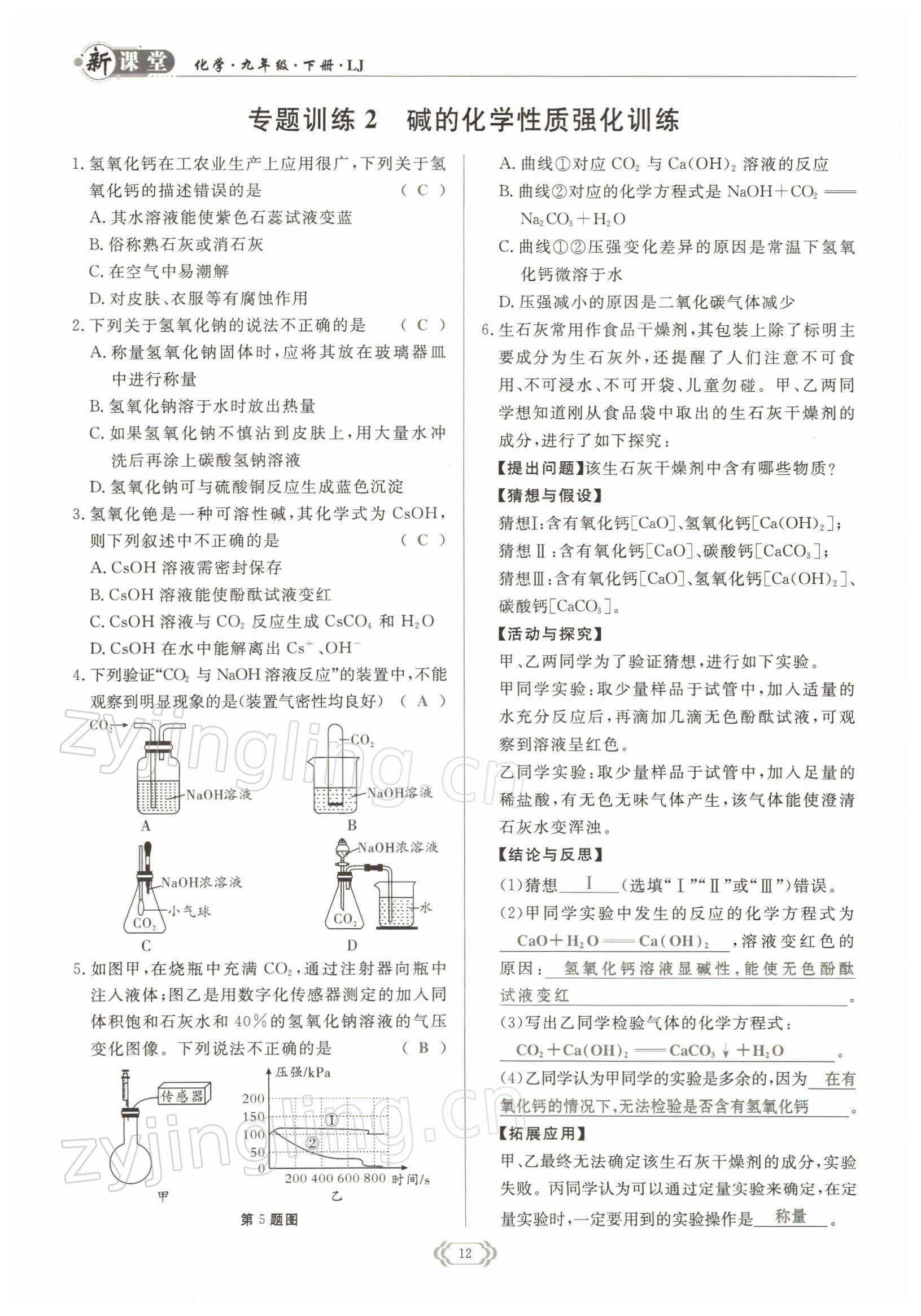 2022年启航新课堂九年级化学下册鲁教版 参考答案第12页