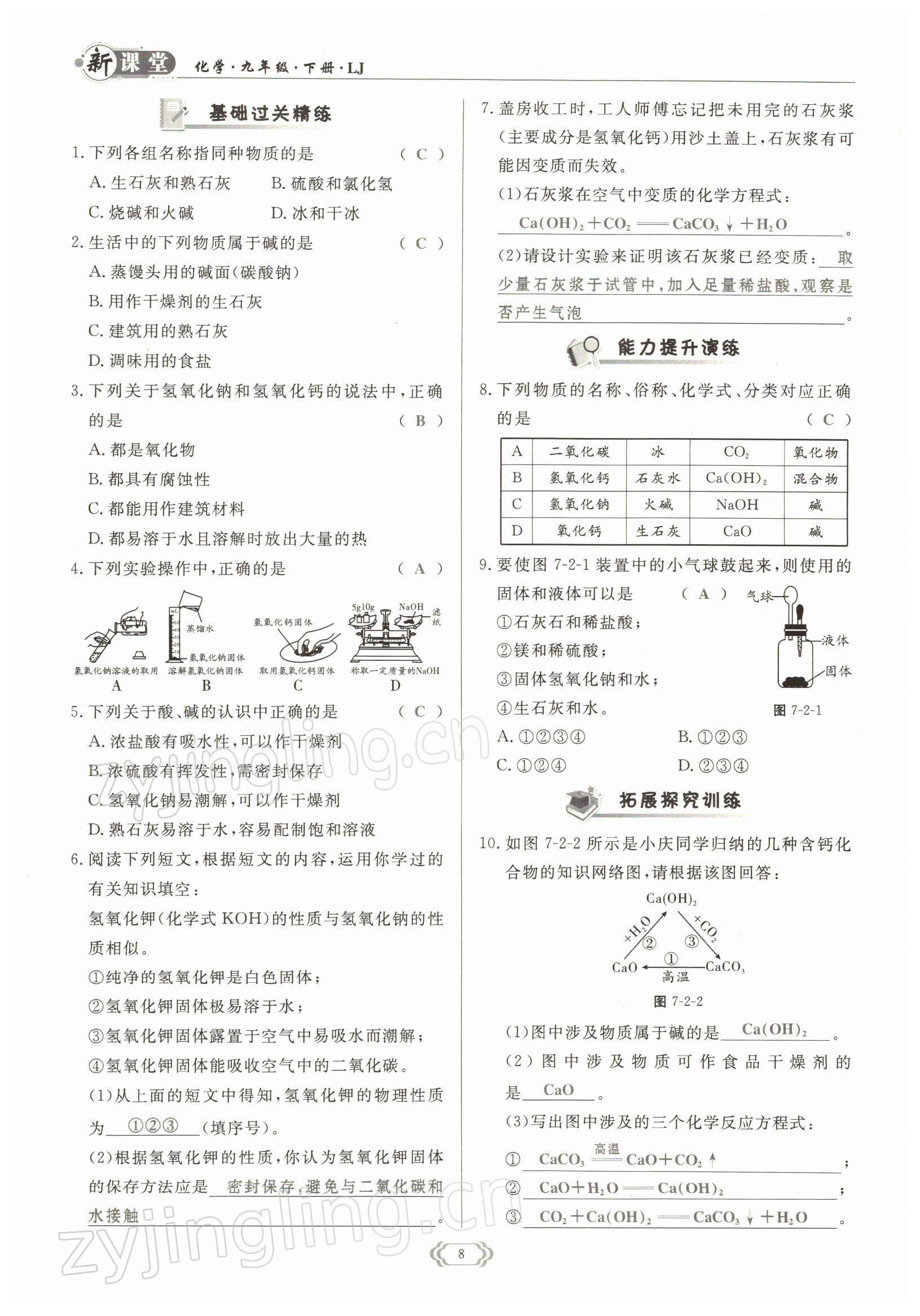 2022年啟航新課堂九年級(jí)化學(xué)下冊(cè)魯教版 參考答案第8頁