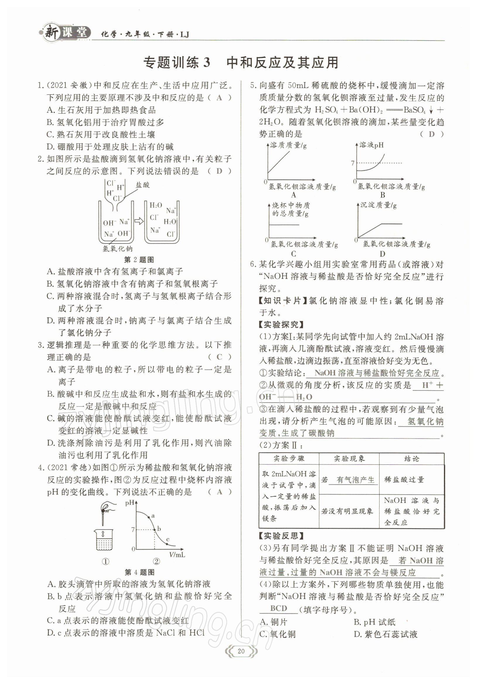 2022年启航新课堂九年级化学下册鲁教版 参考答案第20页