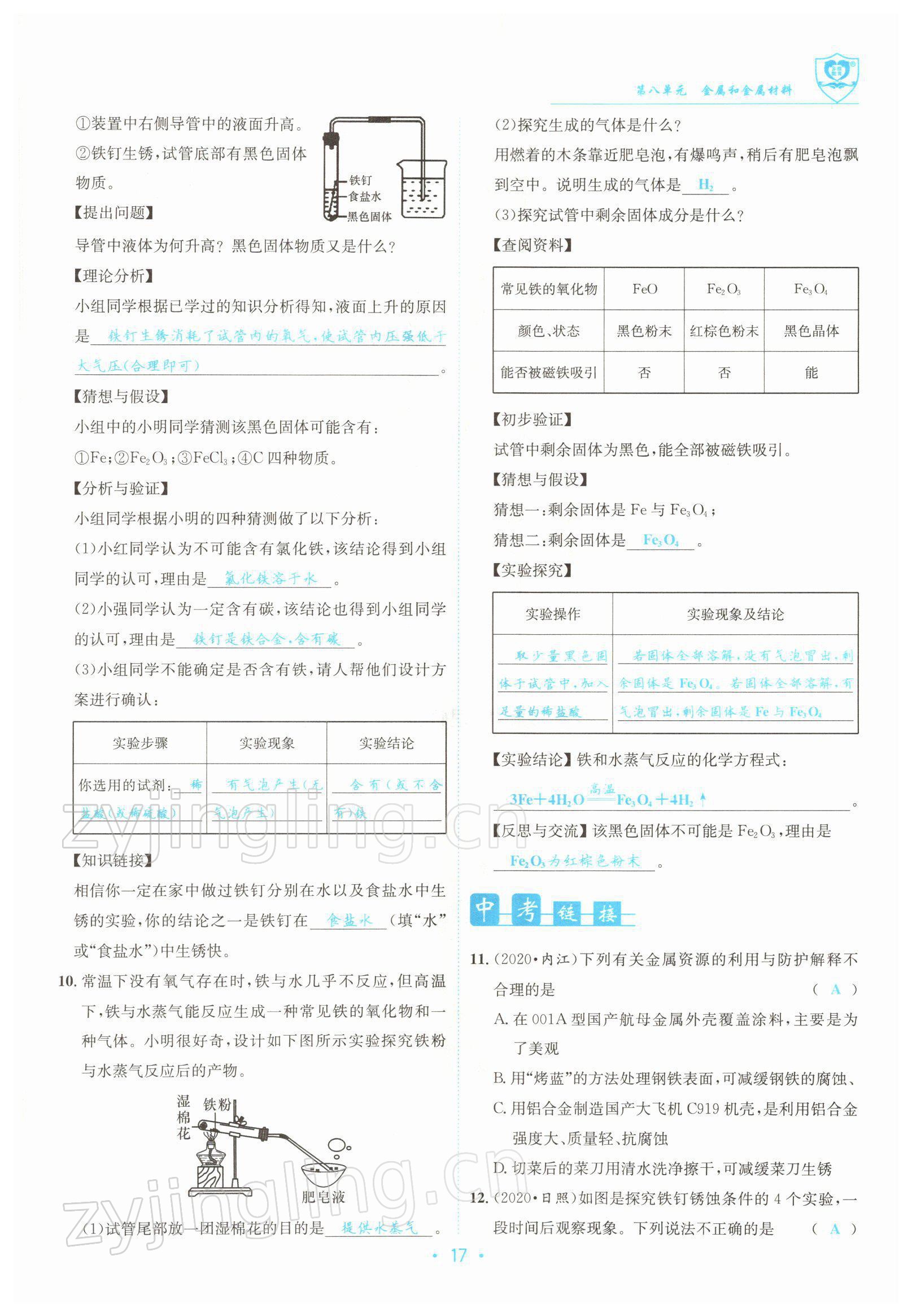 2022年指南针导学探究九年级化学下册人教版 参考答案第17页