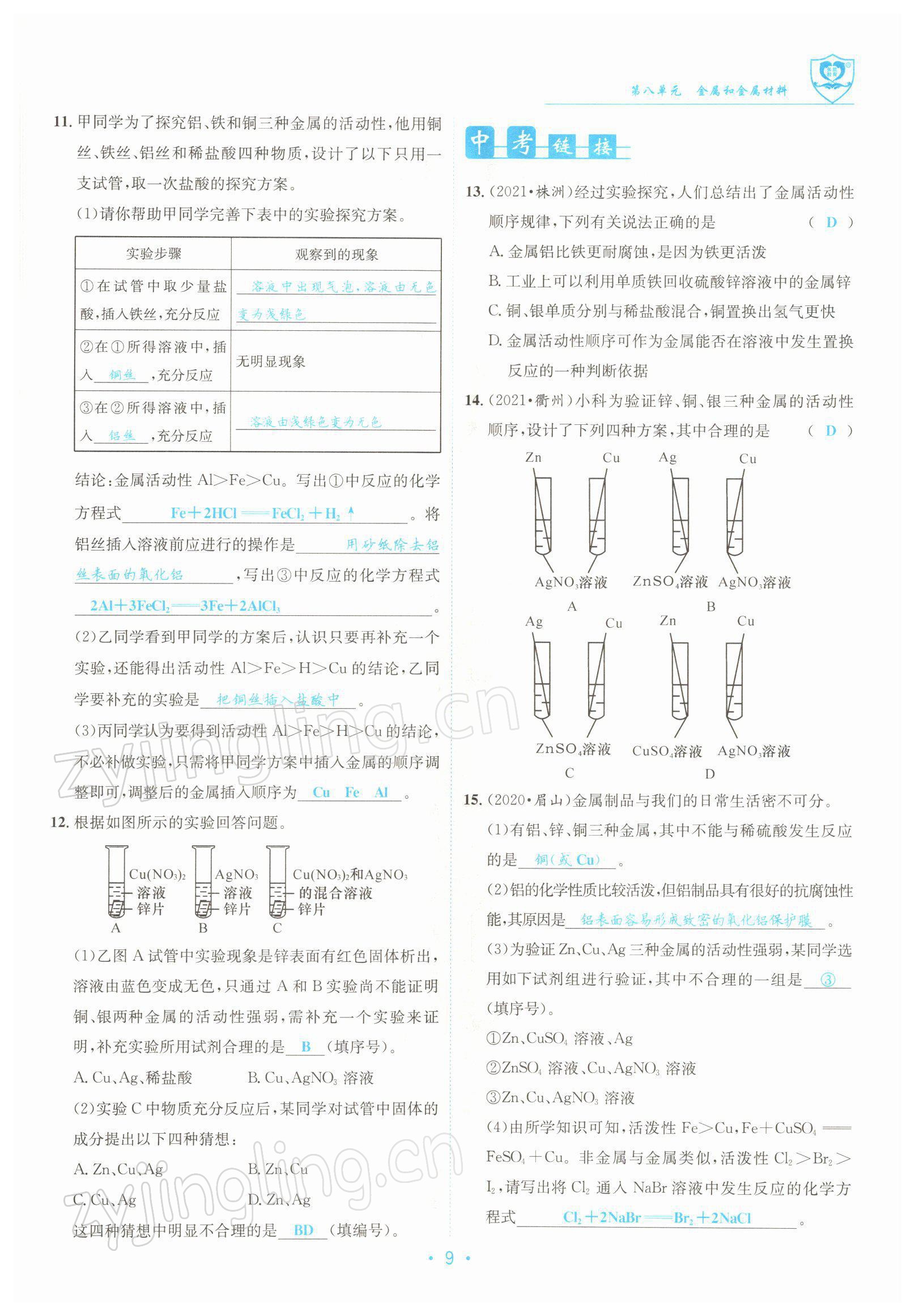 2022年指南针导学探究九年级化学下册人教版 参考答案第9页