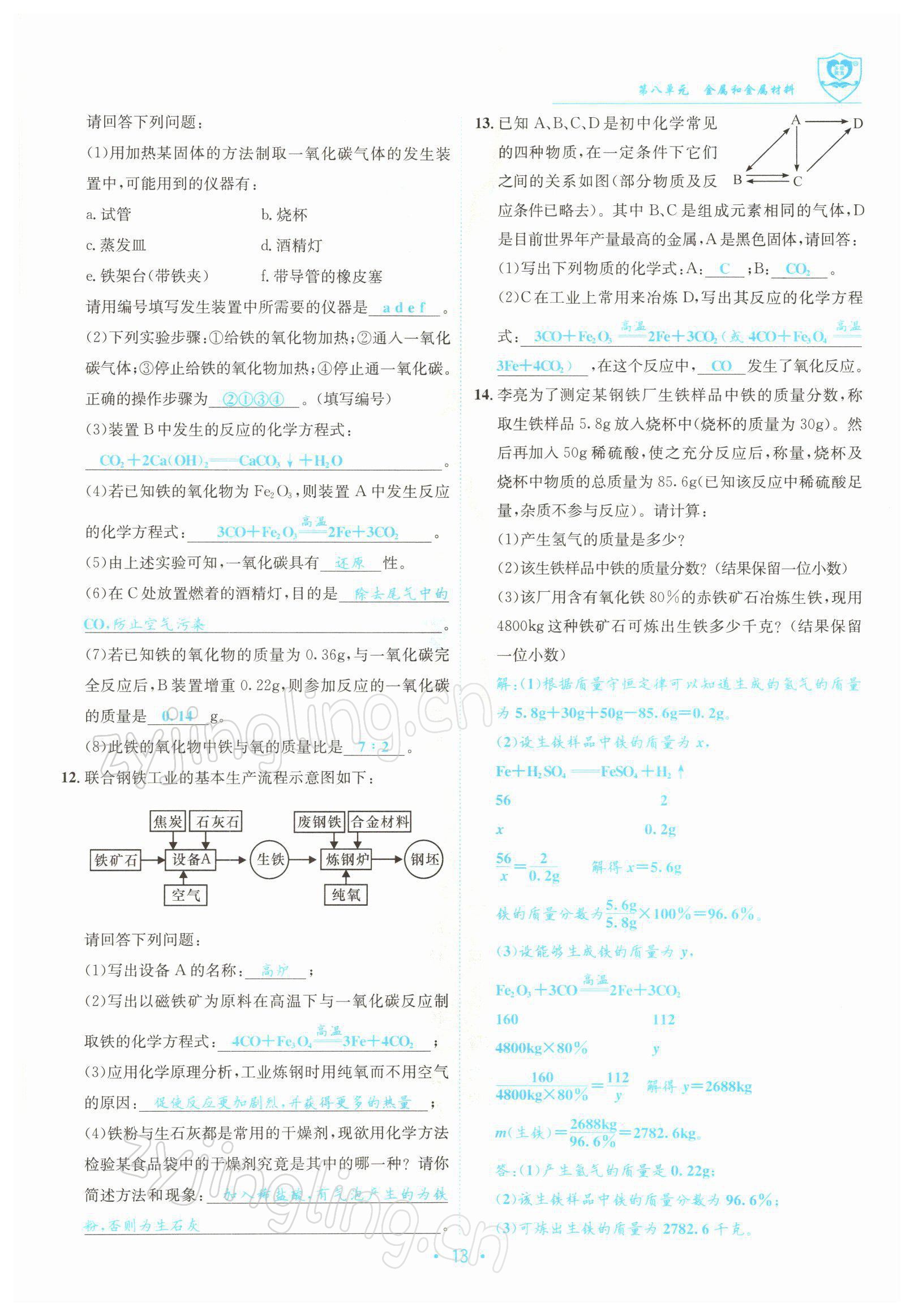 2022年指南针导学探究九年级化学下册人教版 参考答案第13页