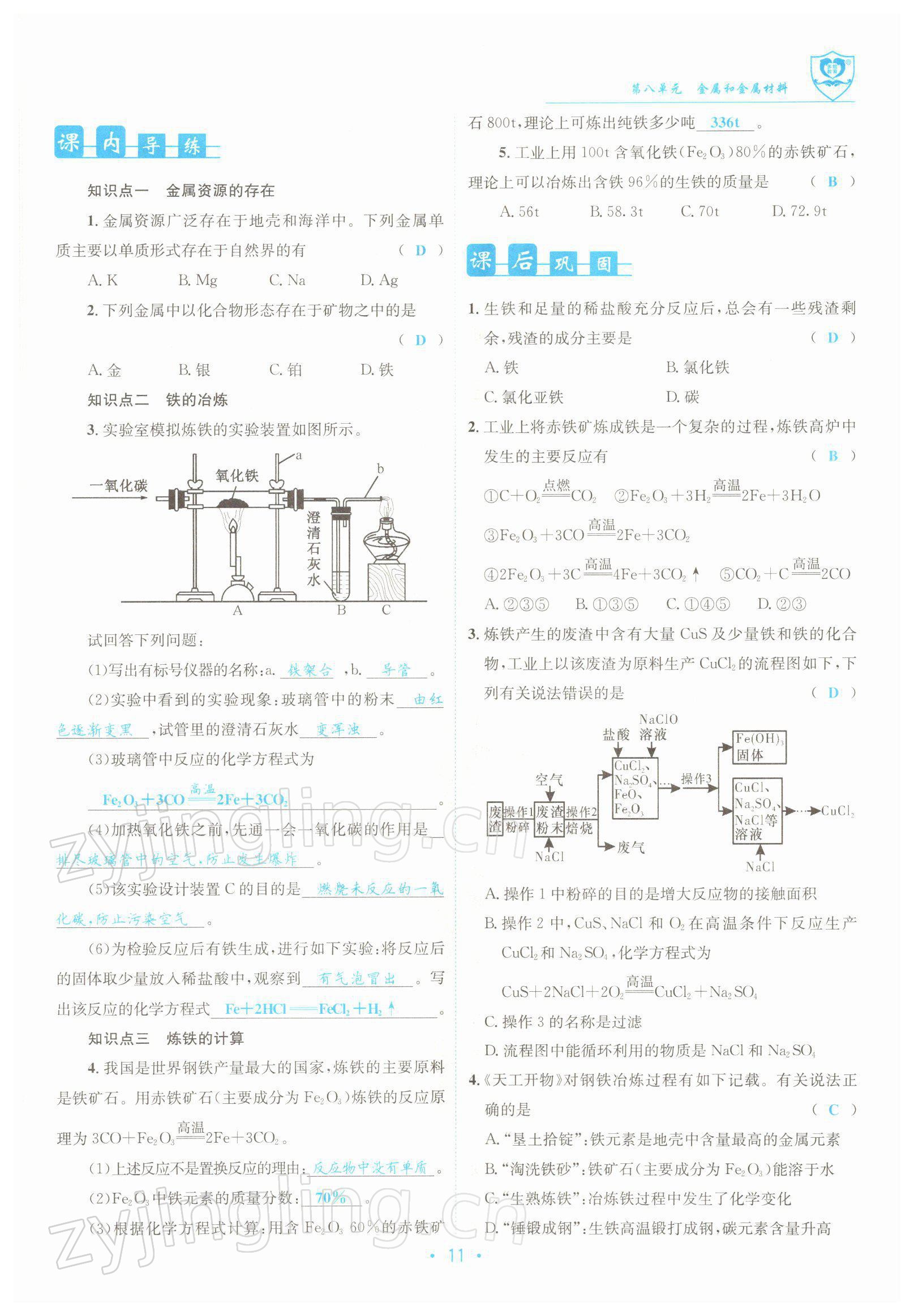 2022年指南针导学探究九年级化学下册人教版 参考答案第11页