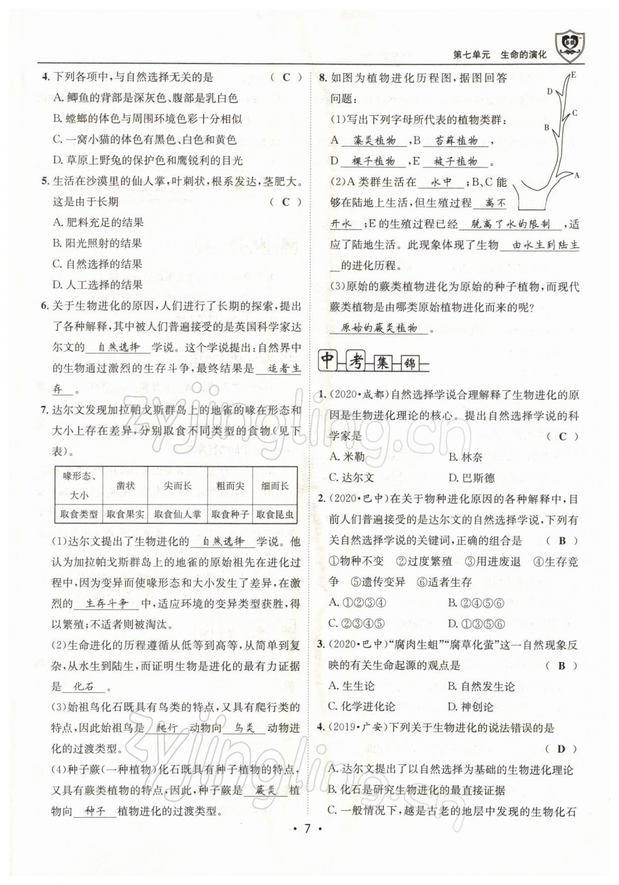 2022年指南針導(dǎo)學(xué)探究八年級(jí)生物下冊(cè)北師大版 參考答案第7頁(yè)