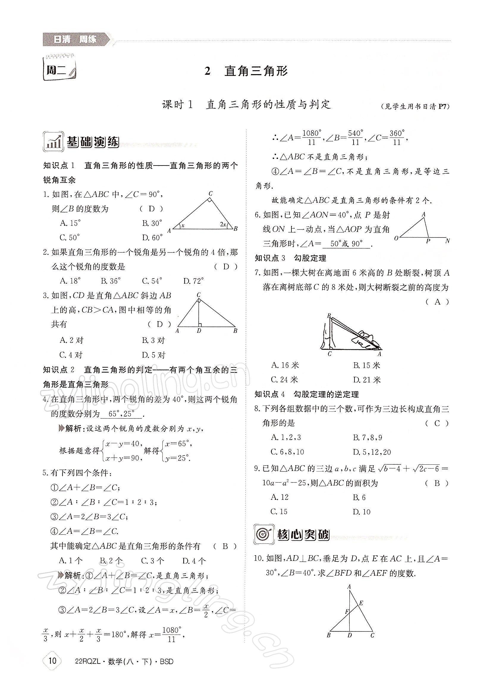 2022年日清周练八年级数学下册北师大版 参考答案第10页