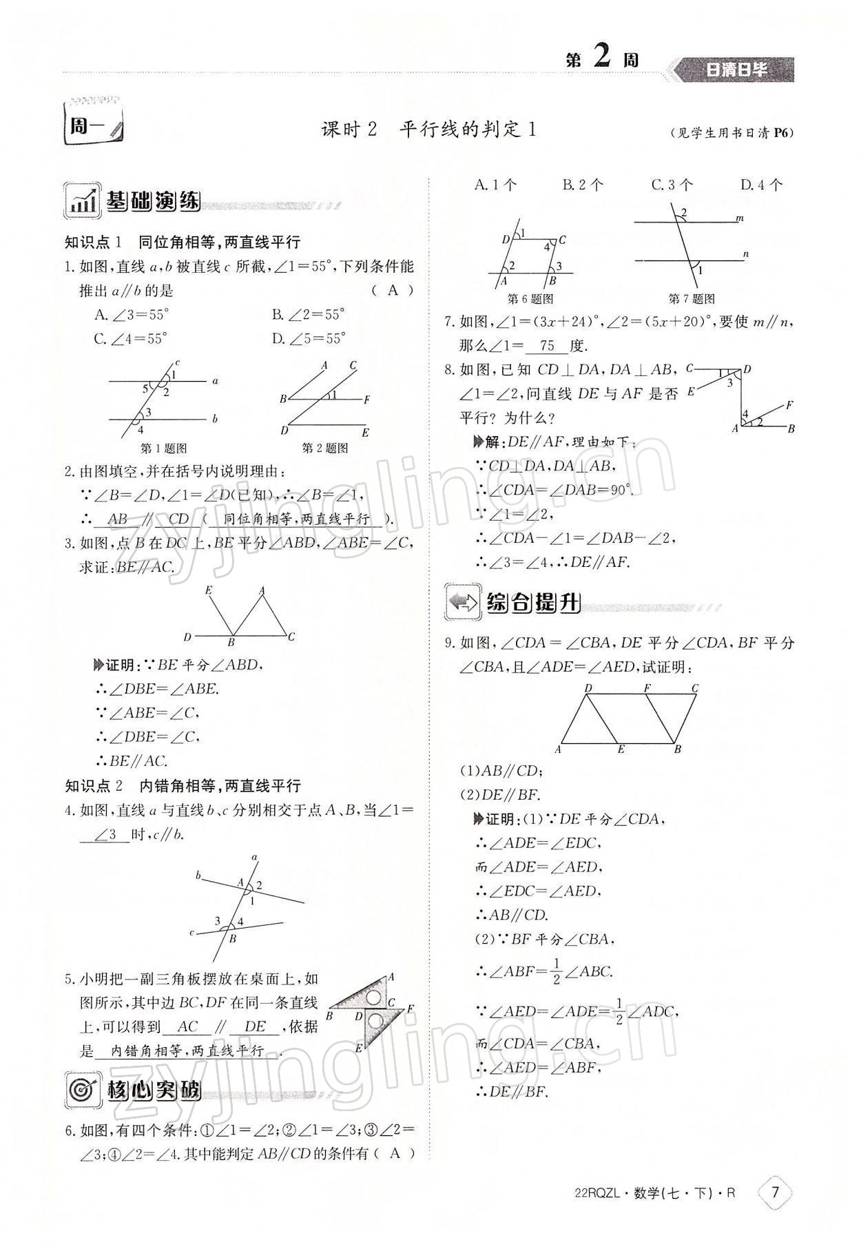 2022年日清周練七年級數(shù)學下冊人教版 參考答案第7頁