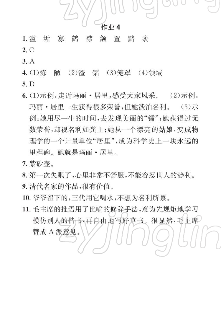 2022年长江寒假作业八年级语文人教版崇文书局 参考答案第4页