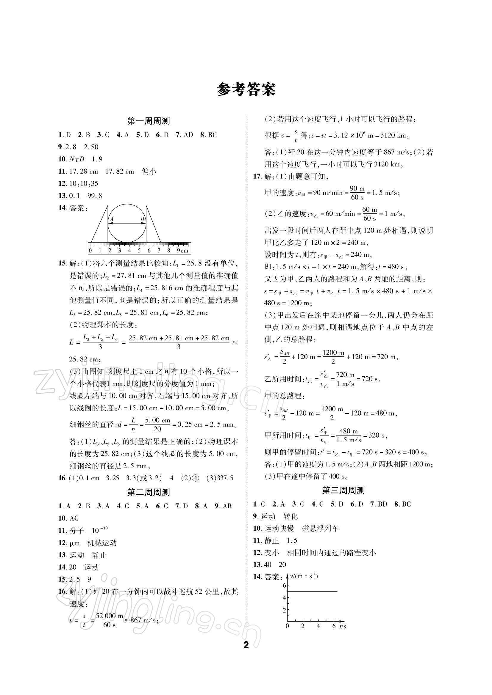 2021年優(yōu)化奪標單元測試卷八年級物理上冊教科版 參考答案第1頁