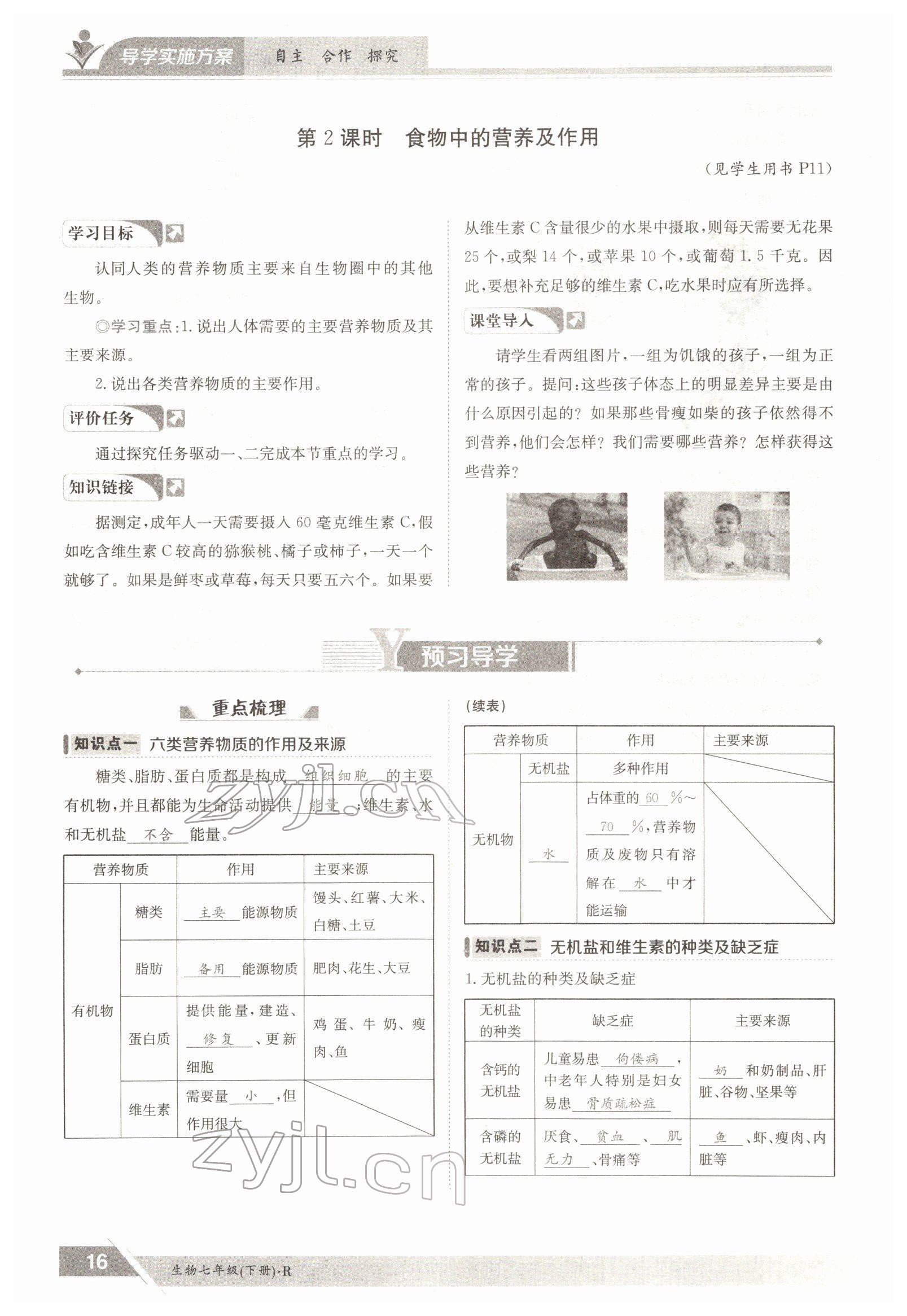 2022年金太阳导学案七年级生物下册人教版 参考答案第16页