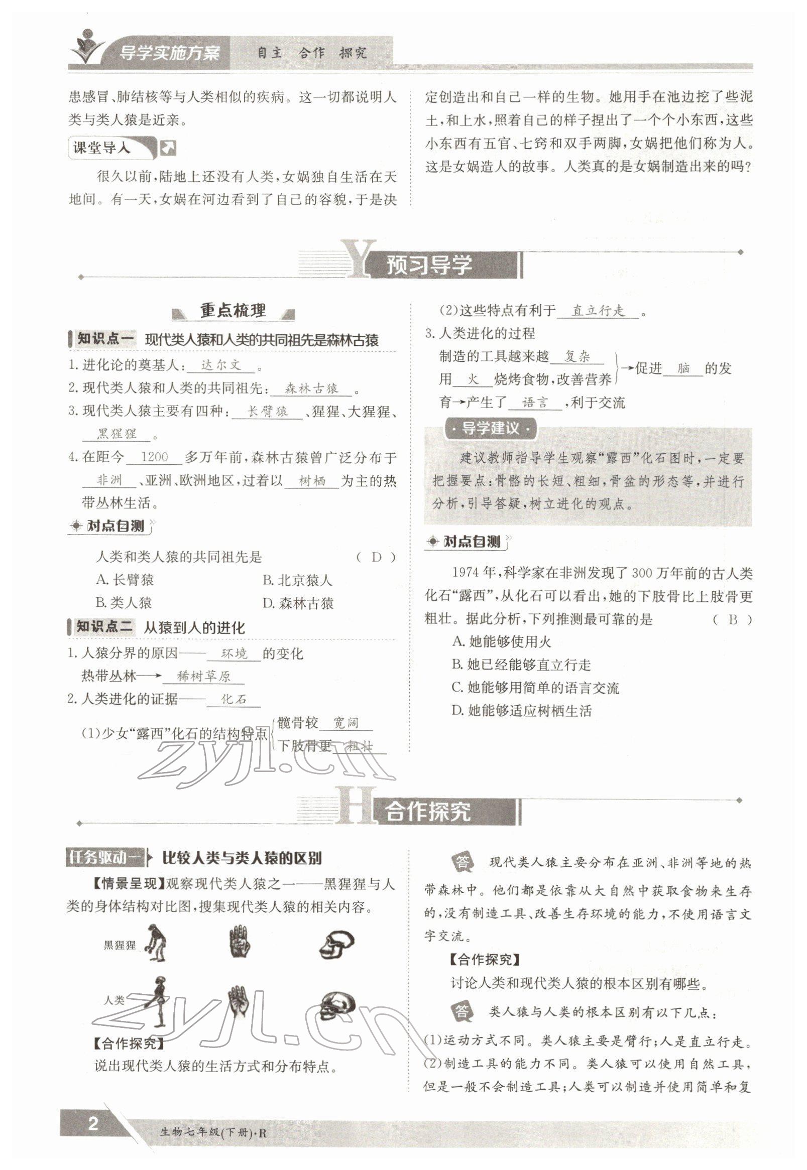 2022年金太阳导学案七年级生物下册人教版 参考答案第2页