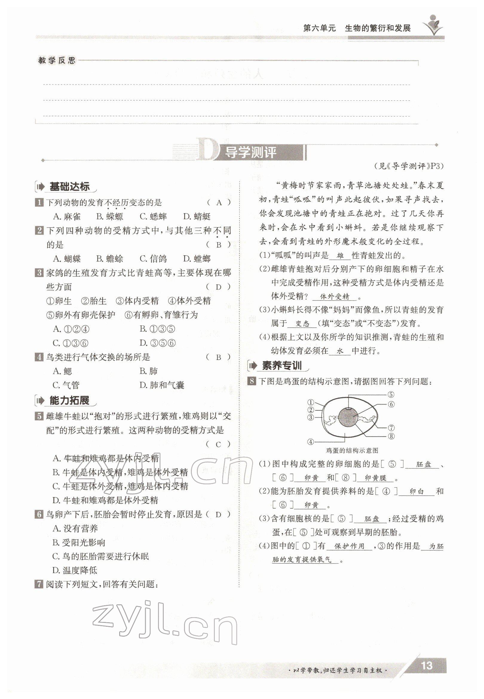 2022年金太阳导学案八年级生物下册冀少版 参考答案第13页