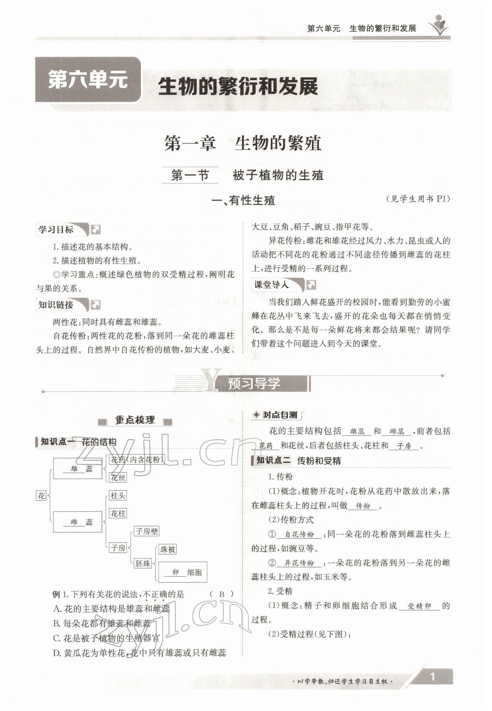 2022年金太阳导学案八年级生物下册冀少版 参考答案第1页