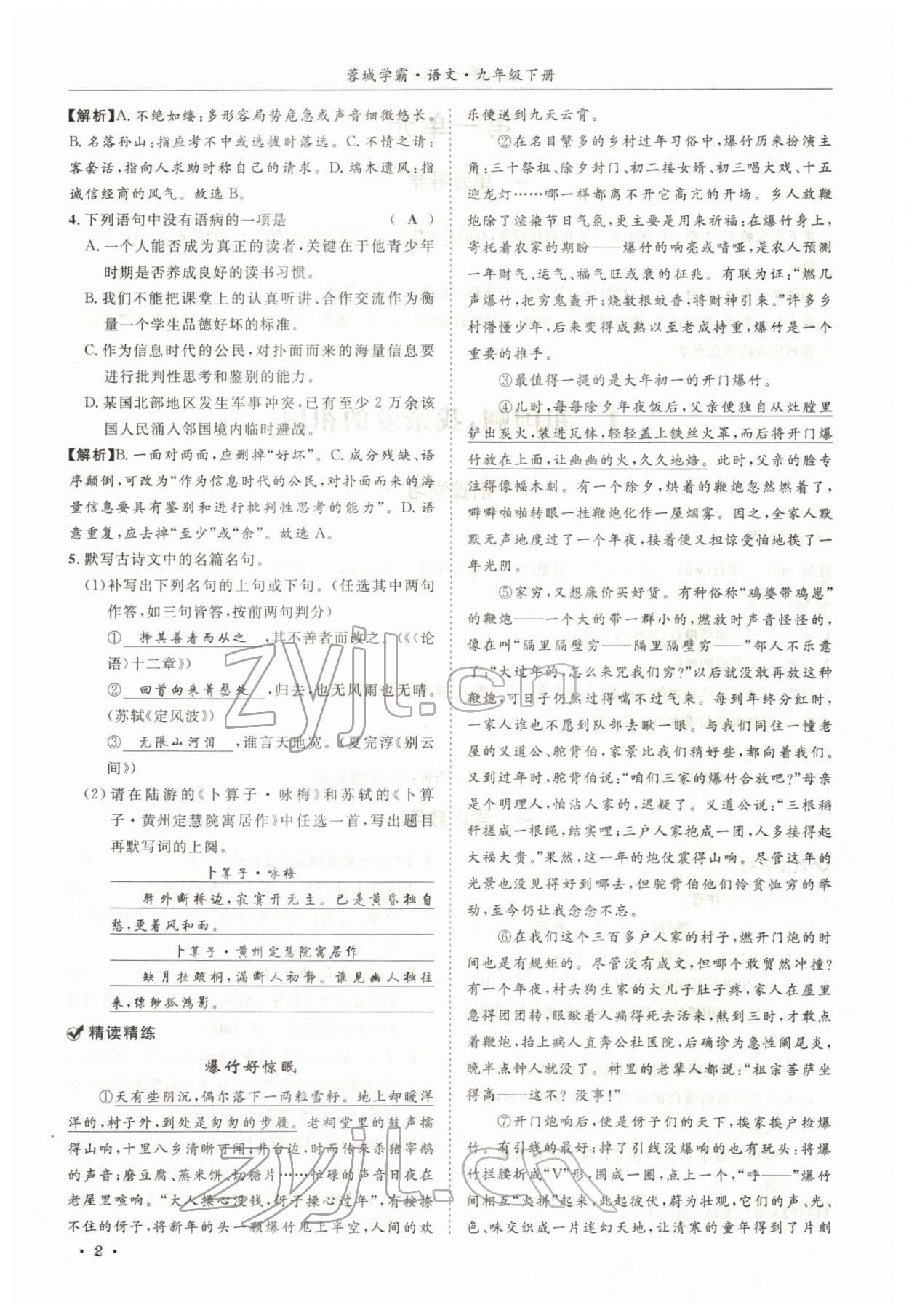 2022年蓉城学霸九年级语文下册人教版 参考答案第4页