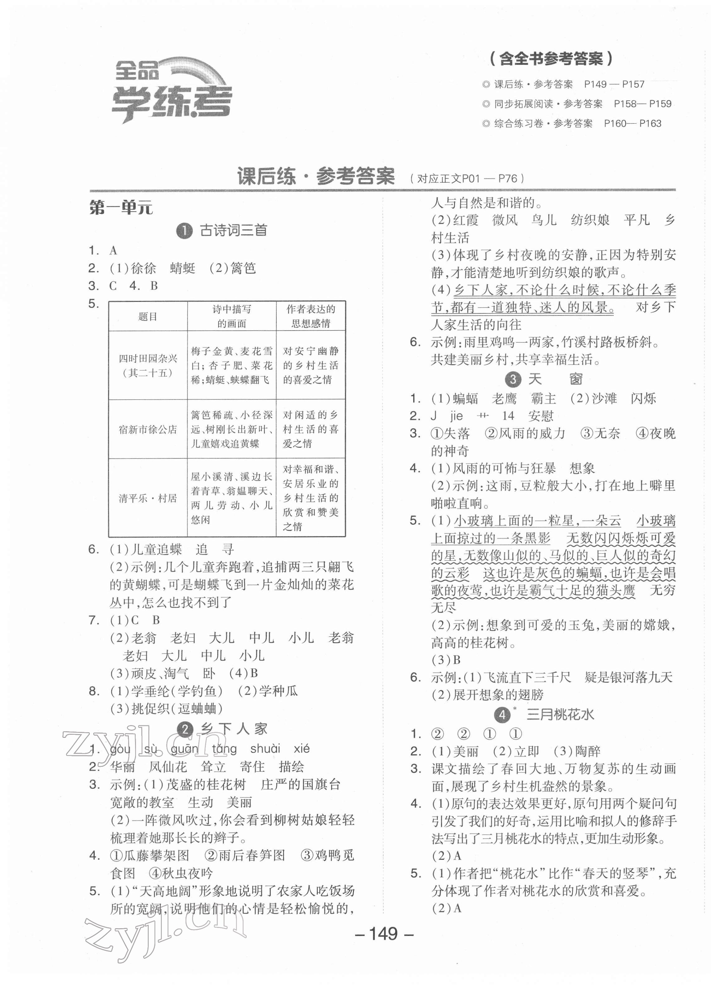 2022年全品學(xué)練考四年級(jí)語文下冊(cè)人教版 參考答案第1頁(yè)