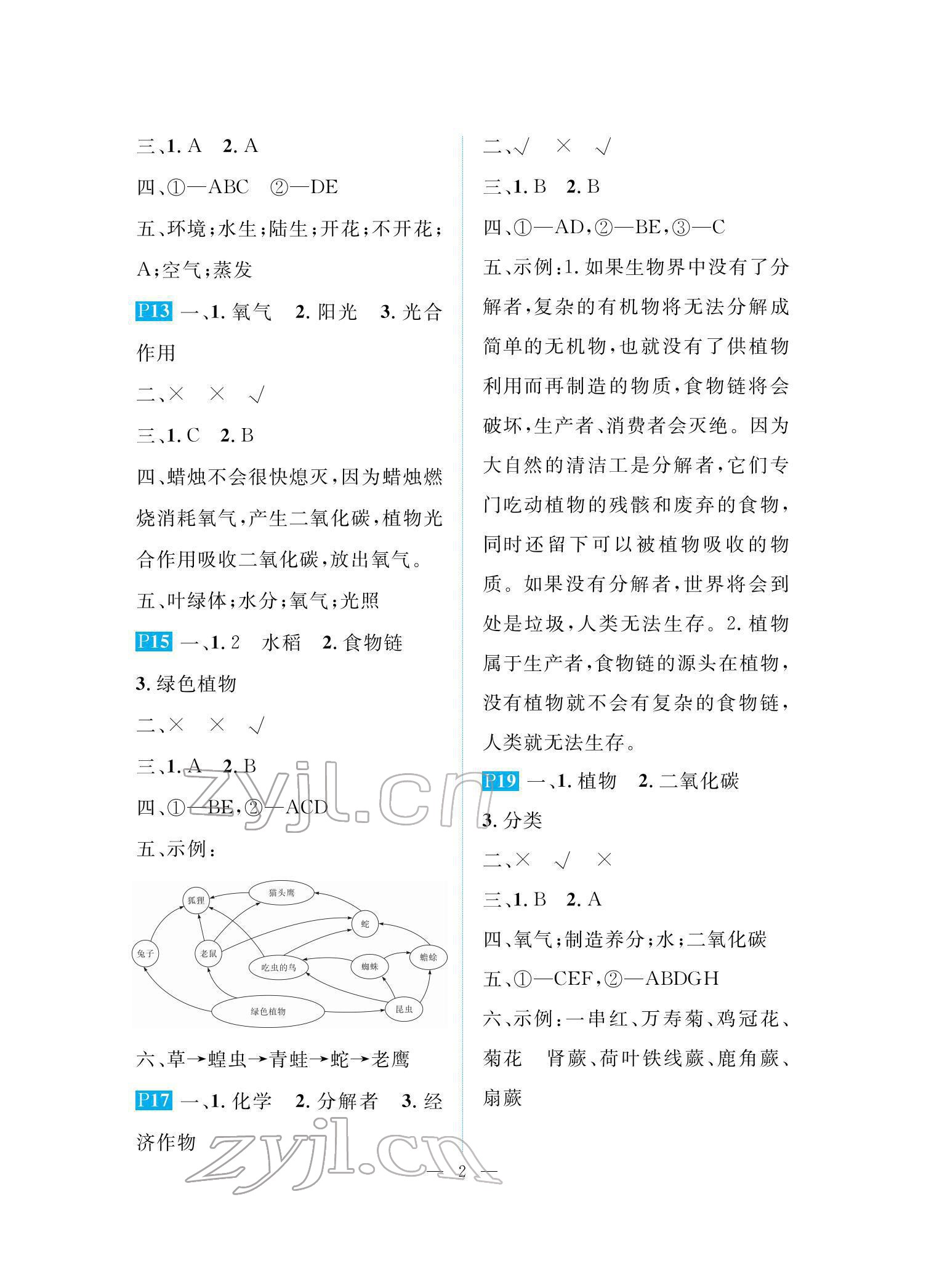 2022年长江寒假作业崇文书局六年级科学鄂教版 参考答案第2页